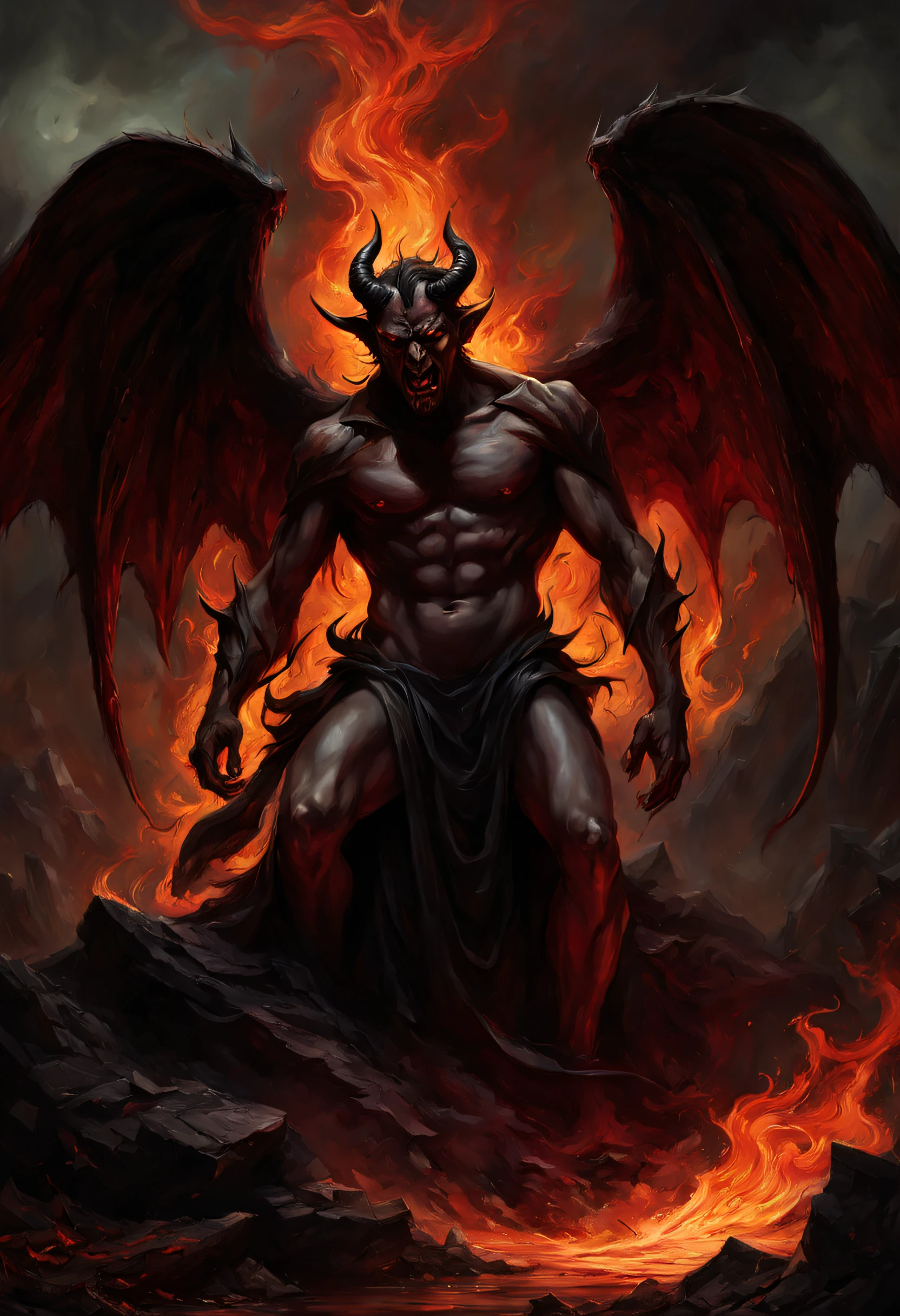 The devil, a fallen angel, is the main subject of the artwork. The devil is depicted as a menacing figure with sharp horns and a dark, sinister expression on his face. His eyes are piercing and filled with malice. His skin is pale and his features are angular and contorted, portraying a sense of evil. The artwork is rendered in a medium that highlights the dark and eerie atmosphere, such as a dark and moody oil painting or a haunting 3D rendering. The use of deep and dramatic shadows adds depth and mystery to the composition. Additional details in the artwork include flames engulfing the devil's surroundings, symbolizing the fiery depths of hell from which he emerged. The flames dance and flicker, casting an eerie glow on the devil's face and emphasizing his wickedness. The image quality is of the highest standards, with a resolution of 4k or 8k, ensuring every intricate detail is captured. The artwork is ultra-detailed, showcasing the meticulous brushwork or digitally crafted elements. The level of realism is emphasized, depicting the devil in a photo-realistic manner that brings him to life. The artistic style of the piece falls into the genre of dark fantasy or horror, evoking a sense of dread and fascination. The color palette is dominated by deep, rich hues, such as dark reds and blacks, further enhancing the eerie and sinister atmosphere. The lighting is dim and atmospheric, with a spotlight illuminating the devil's figure, creating dramatic shadows and highlighting his menacing presence. Overall, the artwork presents a powerful and chilling interpretation of the devil, a fallen angel, capturing his malevolent essence and evoking a sense of fear and curiosity in the viewer.