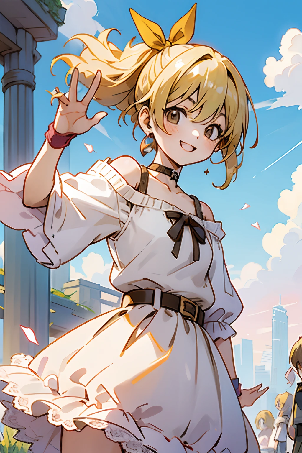 chifuyu matsuno, tokyo revengers, 1 girl, blonde hair, hair ribbon, fantasy world, ruins, fort, beautiful sky, shining sky, sunshine, smiling, waving, belt, wristband, ribbon choker, wind blowing dress, lace dress, hoodies on sweater, earrings, off-shoulder sleeves