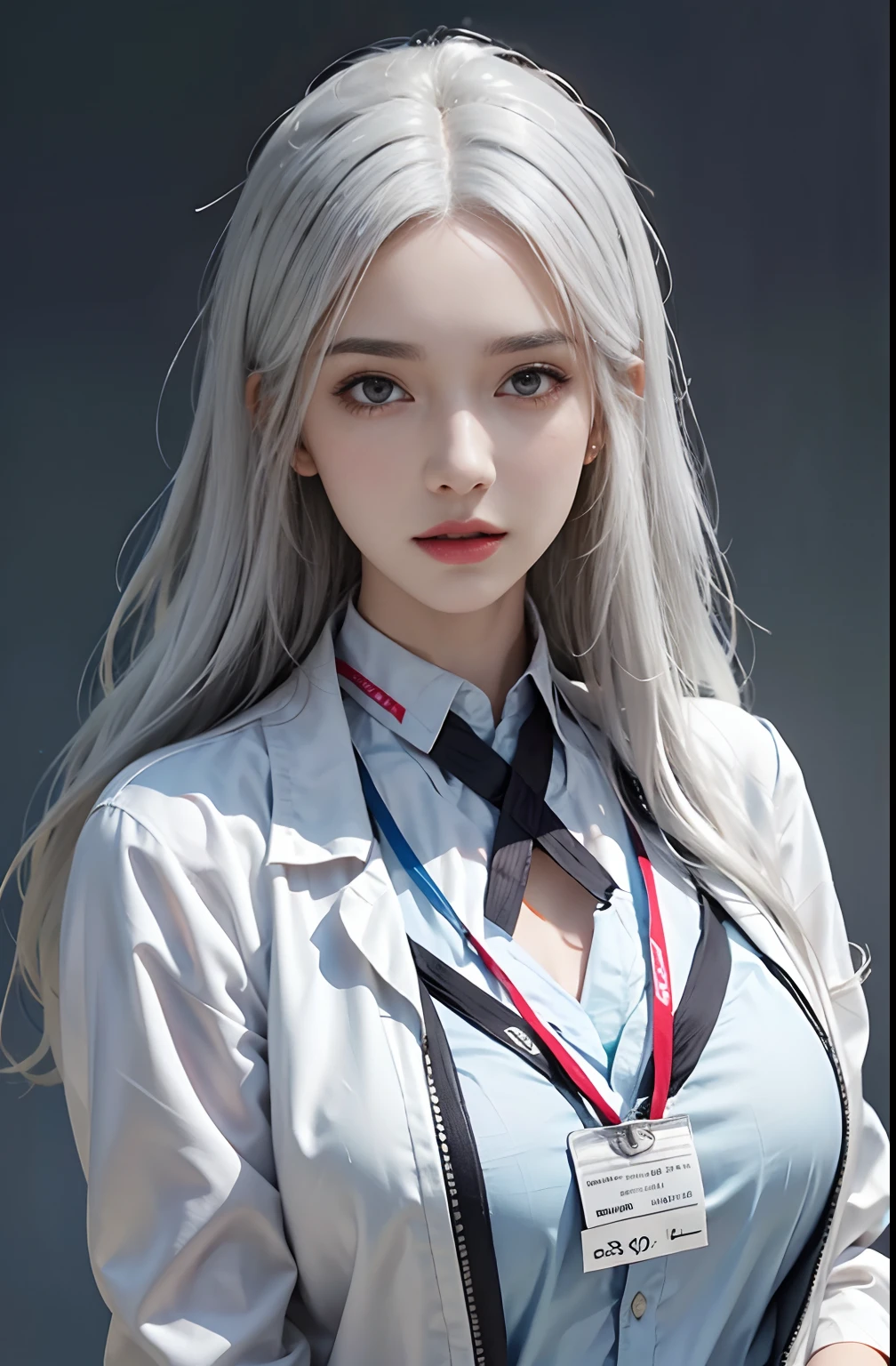 Photorealistic, high resolution, 1 Women, Solo, Hips up, view the viewer, (Detailed face), White hair, Long hair, doctor outfit, name tag