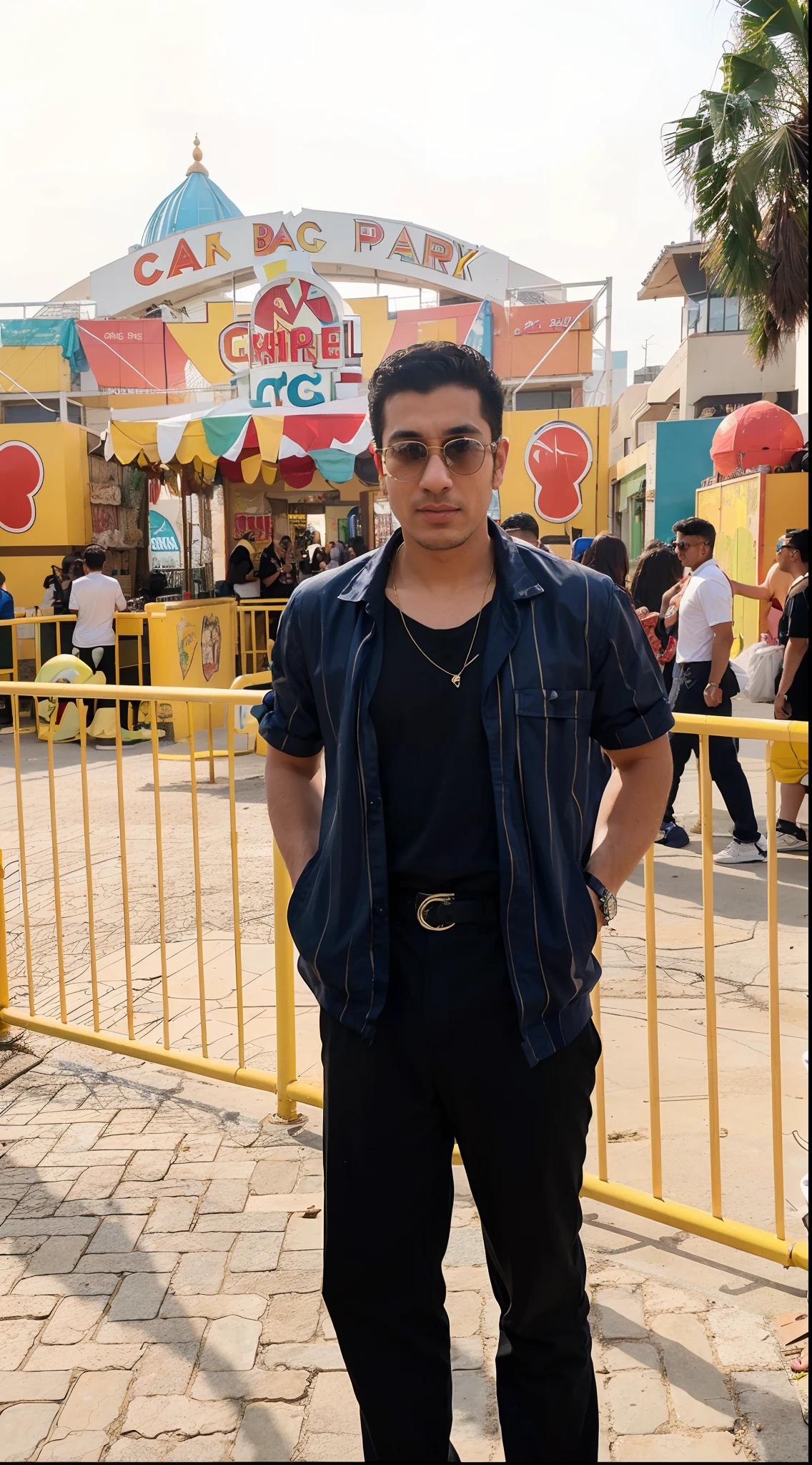 arafed man standing in front of a yellow fence in front of a carnival, mohamed chahin style, with a cool pose, smooth in _ the background, appearing in a shopping mall, ismail, candid picture, profile pic, ramil sunga, profile photo, with sunglass, in a mall, shot on leica sl2, with a cool pose, shot on 35mm, shot on 35 mm, shot on 3 5 mm, young man, ultra sharp, midjournney
