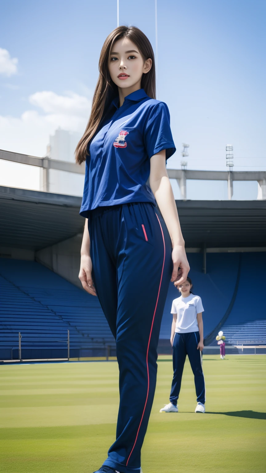 (bestquality,10,10,highres,masterpiece:1.2),ultra-detail,(Realistic,photorealistic portrait,photo-realistic:1.37),1 Cute girl in the football field,oily shiny skin,bara,light smile,BDclothes,((blue shirt:1.3)),short sleeves,shirt, trousers.,(navy_long_Pants Track:1.1), ((Stadium Background:1.3)),dynamic angle,excited,face focus,Dynamic Poses,from behide,Ass Focus,masterpiece, bestquality, ultra realistic, hyper-detail, 8k resolution, RAW photo, crisp focus, ((Navy blue shirt:1.1)), short sleeves, Long Path, Perfect body, 2 mature women, 18yo, cinematic light,Blue sweatpants,Gymware,Correct anatomy,Complete body, Correct body, sharp face, Anatomically correct body, full entire body, Realistic gestures, long-haired, Realistic poses,Wear long shorts.............,Long leg span,Shapely,Sculpting Girl, Slender Figure, mannequin mannequins, Shapely, Beautiful body,Blue sweatpants