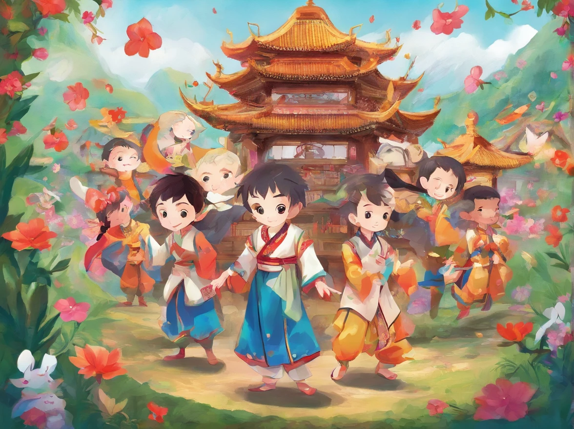 The protagonist is a boy with short hair,Surrounded by a group of 20-year-old men dressed in Zhuang costumes,Dance together,face expression,Gesture movements,Surrounded by villages and vibrant flowers and plants