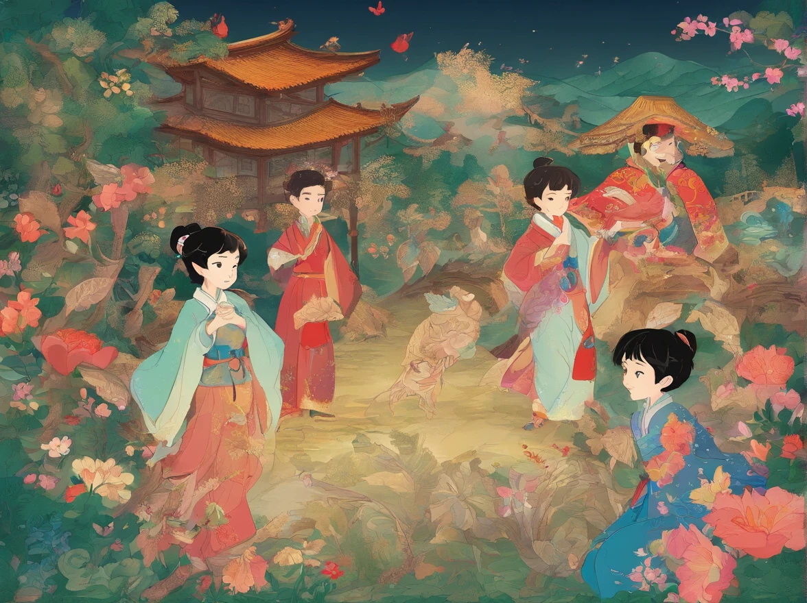 The protagonist is a boy with short hair,Surrounded by a group of 20-year-old men dressed in Zhuang costumes,Dance together,face expression,Gesture movements,Surrounded by villages and vibrant flowers and plants