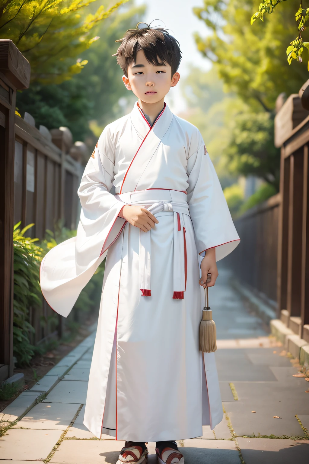 ordinary looking  teenager, white hanfu dress