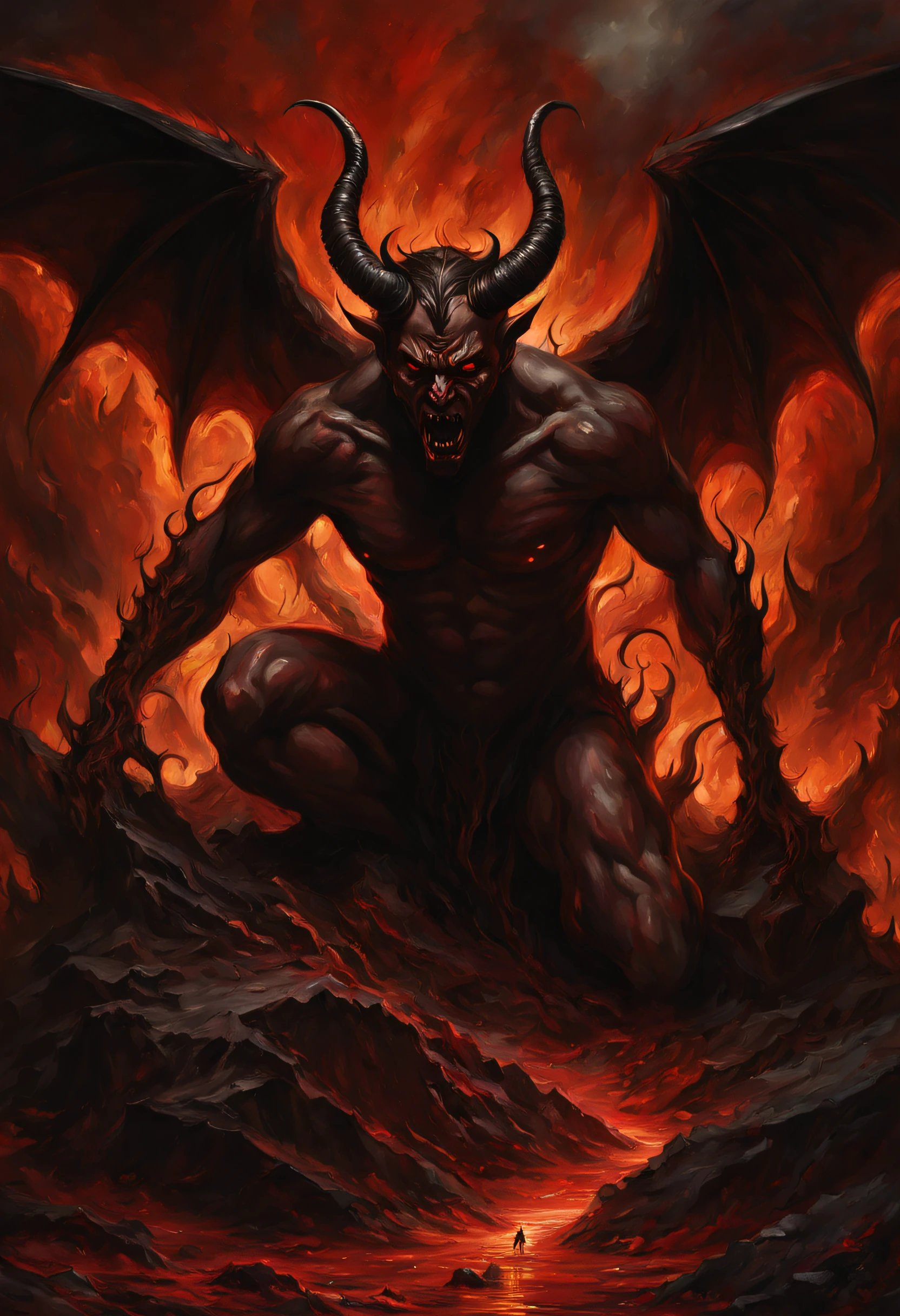The devil, a fallen angel, is the main subject of the artwork. The devil is depicted as a menacing figure with sharp horns and a dark, sinister expression on his face. His eyes are piercing and filled with malice. His skin is pale and his features are angular and contorted, portraying a sense of evil. The artwork is rendered in a medium that highlights the dark and eerie atmosphere, such as a dark and moody oil painting or a haunting 3D rendering. The use of deep and dramatic shadows adds depth and mystery to the composition. Additional details in the artwork include flames engulfing the devil's surroundings, symbolizing the fiery depths of hell from which he emerged. The flames dance and flicker, casting an eerie glow on the devil's face and emphasizing his wickedness. The image quality is of the highest standards, with a resolution of 4k or 8k, ensuring every intricate detail is captured. The artwork is ultra-detailed, showcasing the meticulous brushwork or digitally crafted elements. The level of realism is emphasized, depicting the devil in a photo-realistic manner that brings him to life. The artistic style of the piece falls into the genre of dark fantasy or horror, evoking a sense of dread and fascination. The color palette is dominated by deep, rich hues, such as dark reds and blacks, further enhancing the eerie and sinister atmosphere. The lighting is dim and atmospheric, with a spotlight illuminating the devil's figure, creating dramatic shadows and highlighting his menacing presence. Overall, the artwork presents a powerful and chilling interpretation of the devil, a fallen angel, capturing his malevolent essence and evoking a sense of fear and curiosity in the viewer.