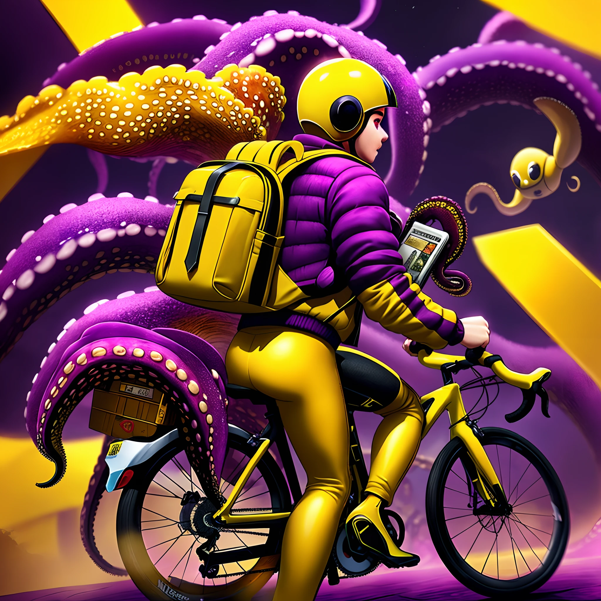 In the foreground is a courier on a bicycle wearing a yellow jacket and a yellow square backpack on his back. On the background of a large purple kind octopus, Tentacles are visible. The courier is fully in a yellow suit and a yellow helmet