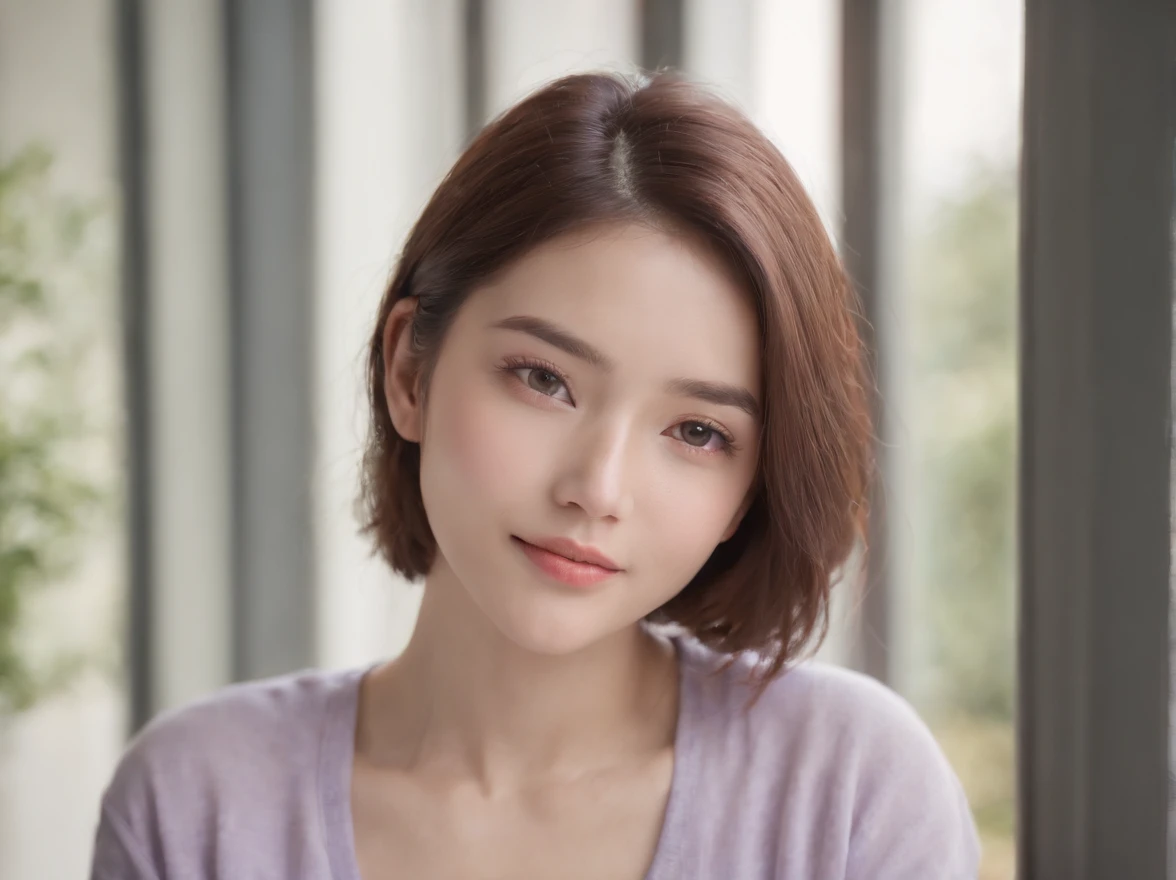 (Higher resolution, Distinct_image) best qualtiy, femele, masutepiece, Highly detailed, semi - realistic, 21 years old, Beautiful, 年轻, Handsome, T-shirt, Lilac Shirt Pull, collar on neck, interiors, Modern room, window, Awaken, morning, blush, Smiling