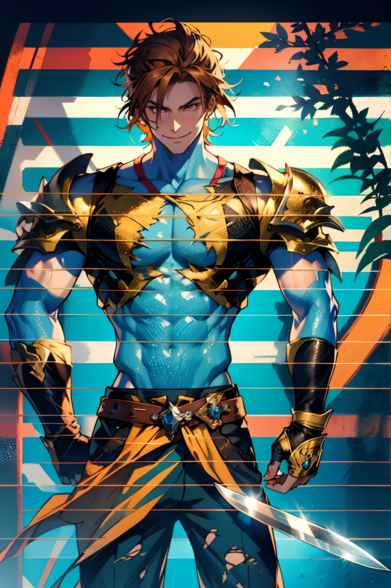A young man with short orange-brown hair, a wild hairstyle, knife-like thick eyebrows, bright and spirited big eyes, a fearless expression, a smile at the corner of his mouth, he wears a bizarre fantasy surreal-style chest armor with scales textures, wearing a dark bodysuit underneath, fingerless gloves, a beautifully crafted fur belt around his waist, matching coarse cloth trousers, undaunted and wild posture, the background depicts a torn sky and earth, this character embodies a finely crafted fantasy surreal-style in anime style, characterized by an exquisite and mature manga illustration art style, high definition, best quality, highres, ultra-detailed, ultra-fine painting, extremely delicate, professional, anatomically correct, symmetrical face, extremely detailed eyes and face, high quality eyes, creativity, RAW photo, UHD, 8k, Natural light, cinematic lighting, masterpiece-anatomy-perfect, masterpiece:1.5