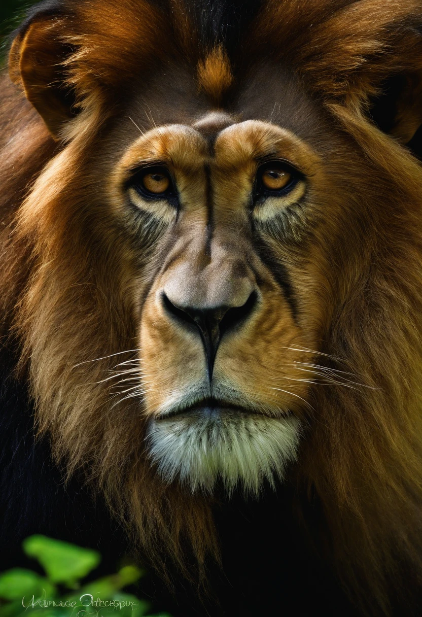 animal lion, green-eyed chimpanzee