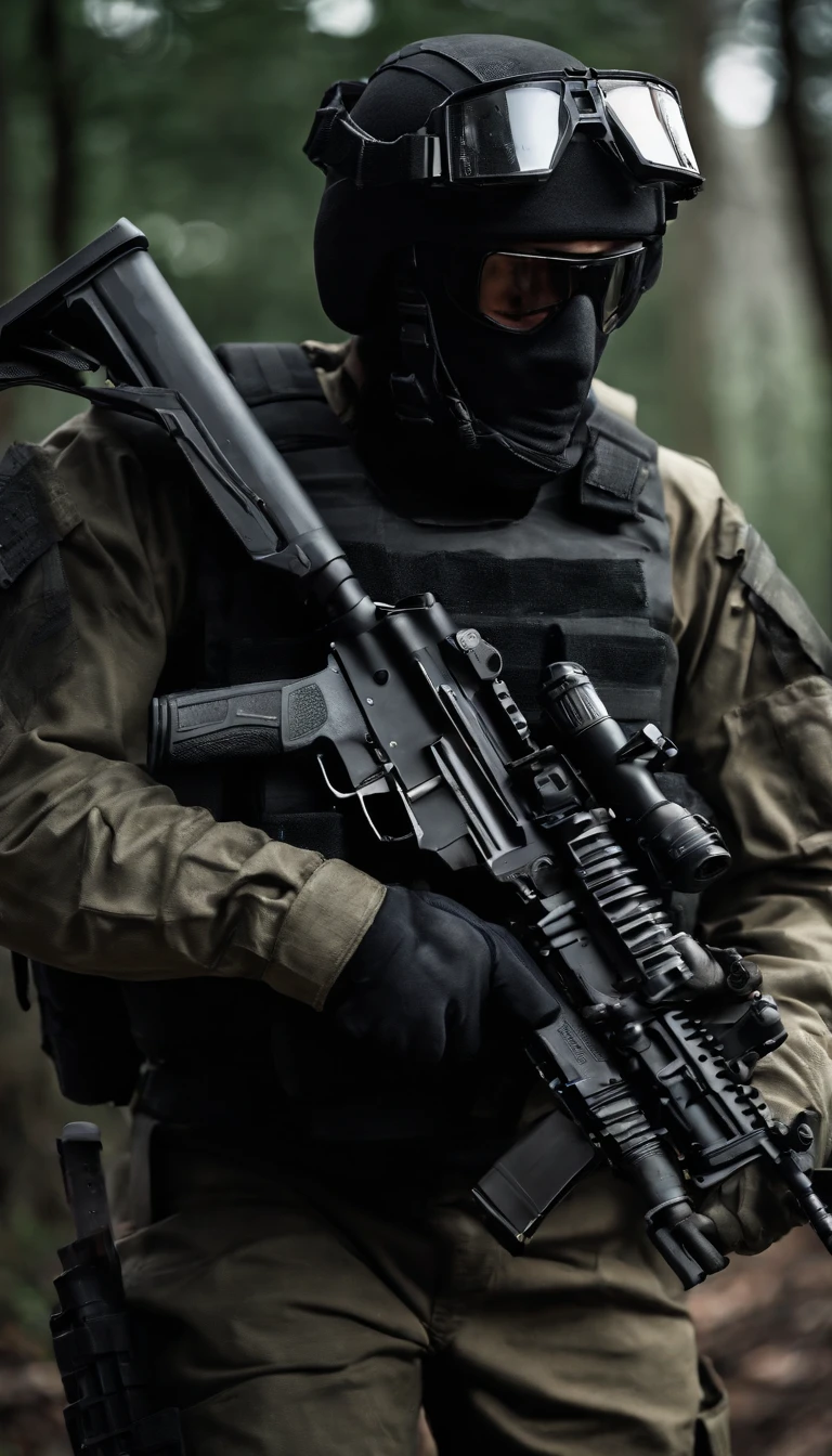 (Best quality,4K,8K,A high resolution,Masterpiece:1.2),Ultra-detailed,(Realistic,Photorealistic,photo-realistic:1.37), One of them wore a black SWAT uniform，Man in black helmet, A man in a black mask holds a gun, Air rifle CQB, French Special Operations, realistic soldiers, Soldiers in tactical equipment, tactical gear, cinematic —ar 16:9, realistic military equipment, Tactical armor, Black tactical equipment, combat outfit, Futuristic soldier costume, special forces security(Best quality,4K,8K,A high resolution,Masterpiece:1.2),Ultra-detailed,(Realistic,Photorealistic,photo-realistic:1.37), One of them wore a black SWAT uniform，Man in black helmet, A man wearing a black skull mask holds a gun, assault rifle，CQB, French Special Operations, realistic soldiers, Soldiers in tactical equipment, tactical gear, cinematic —ar 16:9, realistic military equipment, Tactical armor, Black tactical equipment, combat outfit, Futuristic soldier costume, special forces security，FBI official，Zombie crisis，Zombie background，There was chaos，Police shoot at zombies