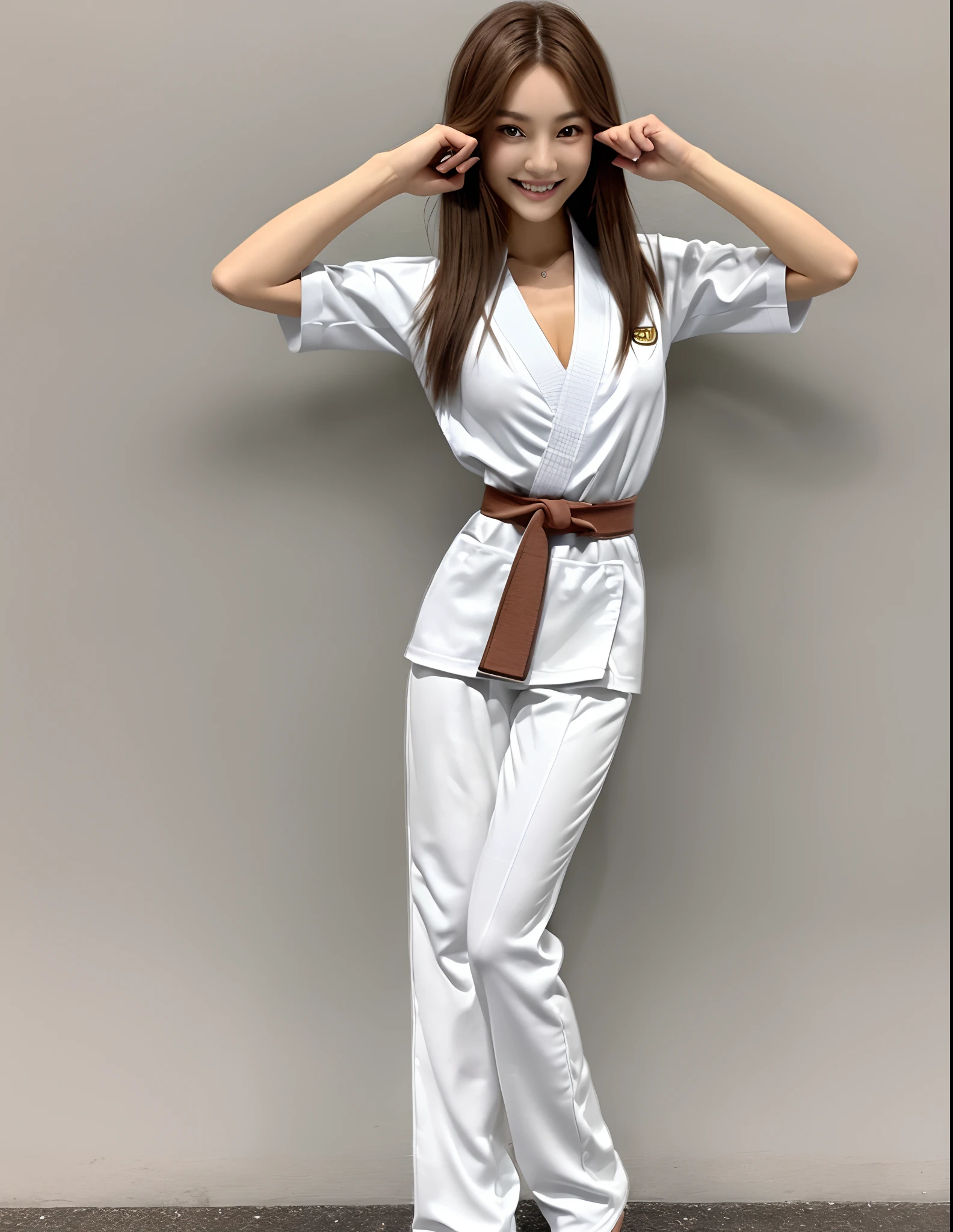 (Photorealsitic)(), Perfectly beautiful woman, (Full body 8K portrait), break dance, Stick out your fist, Large and dynamic hand and foot movements, Correct skeleton, White Karate Uniform, White karate pants, Large bust, Perfect facial detail, (Smile: 1.15), attractive beautiful face, gazing at viewer, a small face, 二重まぶた, Beautiful detailed eyes, long eyeslashes, ligh brown hair, Hairstyle is bob style, Toned waist, large full breasts, Beautiful thin legs, toned ankles, bare-legged ,TOKYOcty