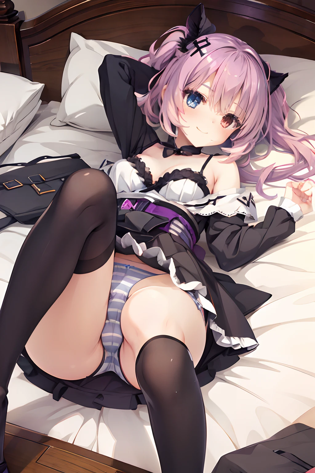 Two girls,Twin-tailed,Lying down,Open your crotch,Striped panties,Heterochromia,Evil Fallen Costume,evil smile,a bed,Top image quality,Best Quality