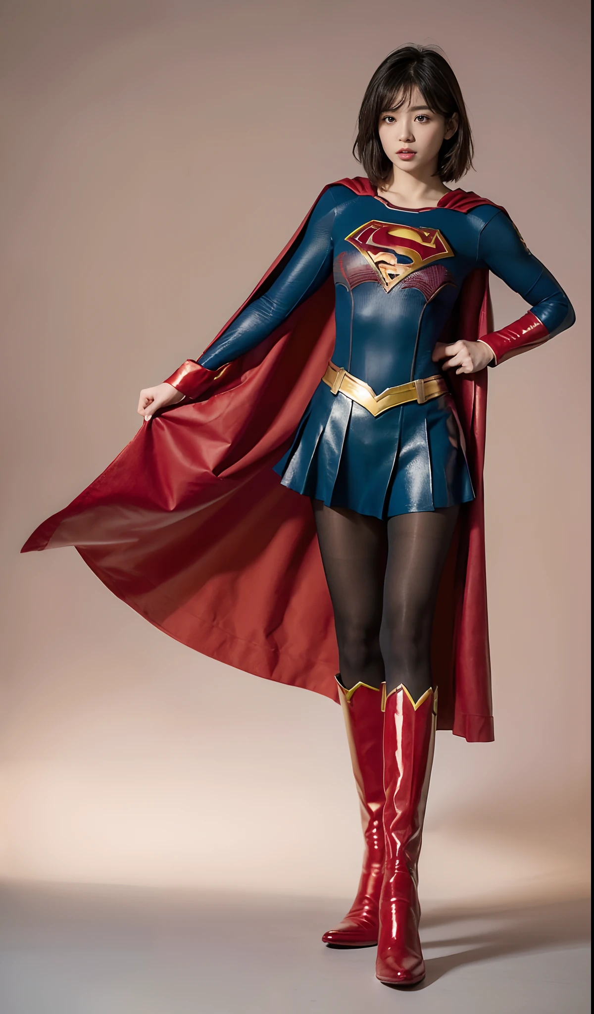 japanes、Cute Beautiful Girl、closing eye、fainting、distressed look、My crotch hurts、Suffering、Done、defeated、Defeated by enemies、(((Wear black tights on your beautiful legs.)))、(((beauty legs)))、(((Painful look)))、((((Make the most of the original image)))、(((Supergirl Costume)))、(((Beautiful short hair、The hair)))、(((Suffering)))、(((Feet must necessarily be worn with black tights)))、(((You need to wear red boots)))、((Top image quality、8K))、((top-quality、8K、​masterpiece:1.3))、(((Keep your background simple)))、Crisp focus:1.2、Beautiful woman with perfect body shape:1.4、Slender Abs:1.2、a wet body:1.5、Highly detailed facial and skin texture、8K、Keep your background simple