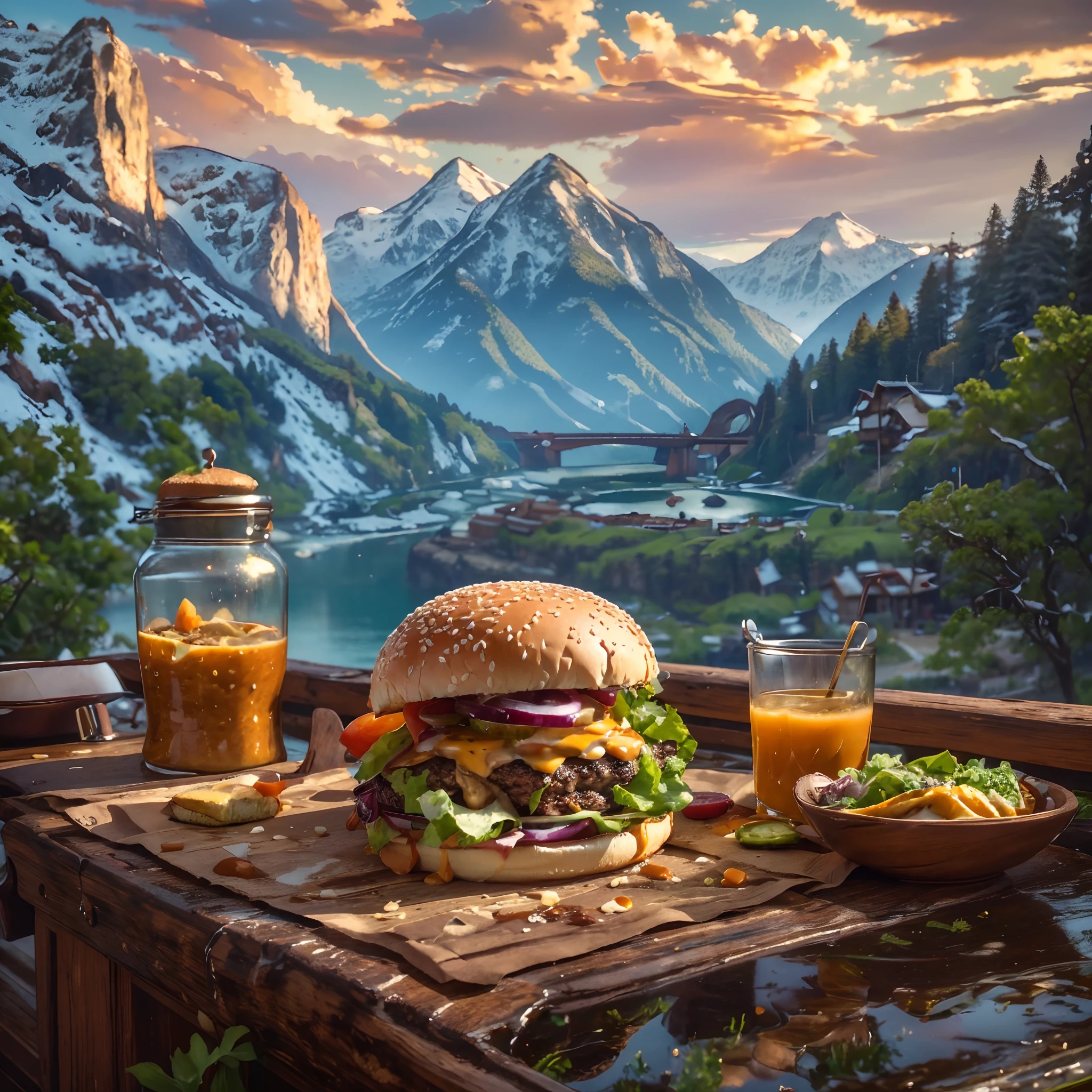 (Masterpiece, Top quality, Best quality, Beautiful and aesthetic:1.2), Extremely detailed, highest details,Close-up of burger set meal on restaurant countertops，Nutritious breakfast in the morning，The background is a landscape of mountains and rivers