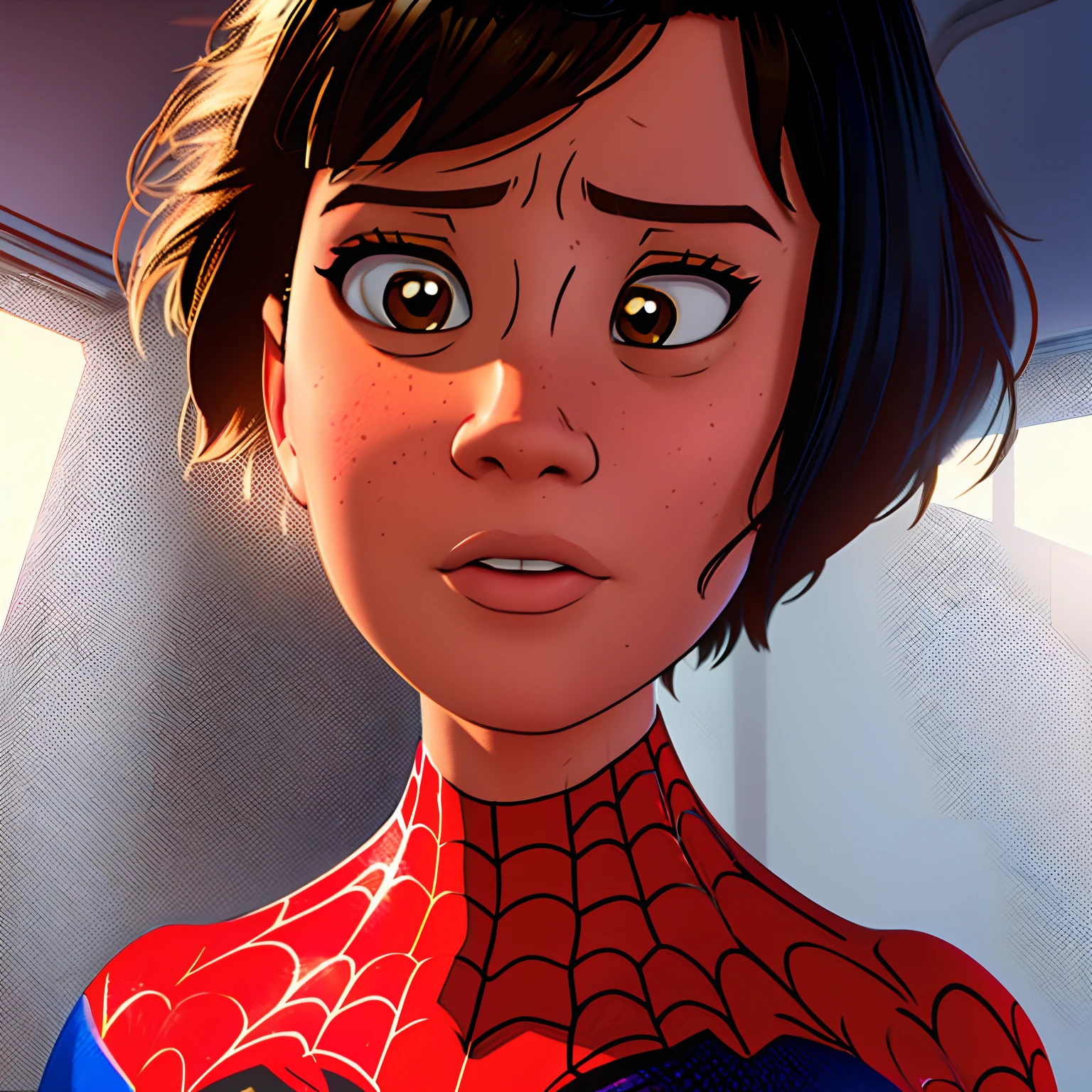 The expression of the
Spider girl who has short hair and bangs changes from surprise to
worry.