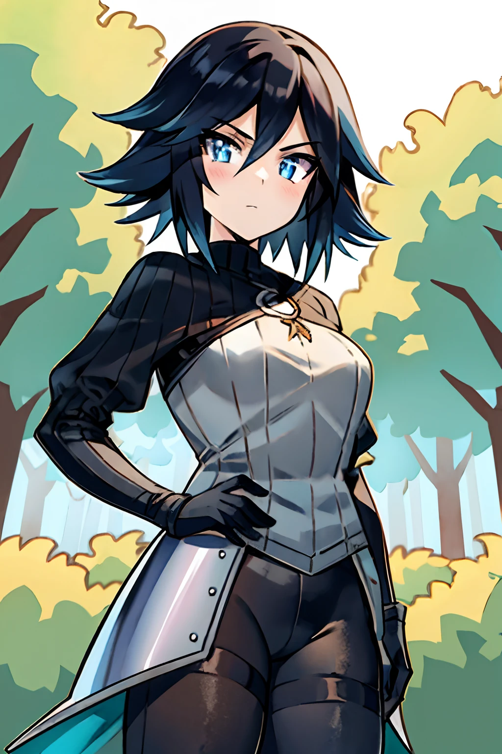 Anime girl with Black hairs and blue eyes, wearing medieval fantasy armored dress, in the woods medieval city, supersharp, anime fan art, masterpiece, 8k