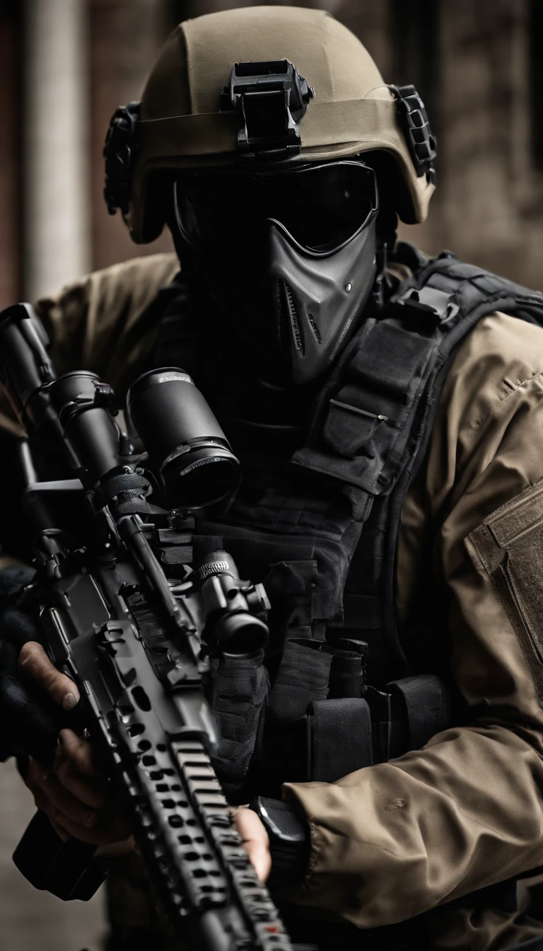 (Best quality,4K,8K,A high resolution,Masterpiece:1.2),Ultra-detailed,(Realistic,Photorealistic,photo-realistic:1.37), One of them wore a black SWAT uniform，Man in black helmet, A man in a black mask holds a gun, Air rifle CQB, French Special Operations, realistic soldiers, Soldiers in tactical equipment, tactical gear, cinematic —ar 16:9, realistic military equipment, Tactical armor, Black tactical equipment, combat outfit, Futuristic soldier costume, special forces security(Best quality,4K,8K,A high resolution,Masterpiece:1.2),Ultra-detailed,(Realistic,Photorealistic,photo-realistic:1.37), One of them wore a black SWAT uniform，Man in black helmet, A man wearing a black skull mask holds a gun, assault rifle，CQB, French Special Operations, realistic soldiers, Soldiers in tactical equipment, tactical gear, cinematic —ar 16:9, realistic military equipment, Tactical armor, Black tactical equipment, combat outfit, Futuristic soldier costume, special forces security，FBI official，Zombie crisis，Zombie background，There was chaos，Police shoot at zombies