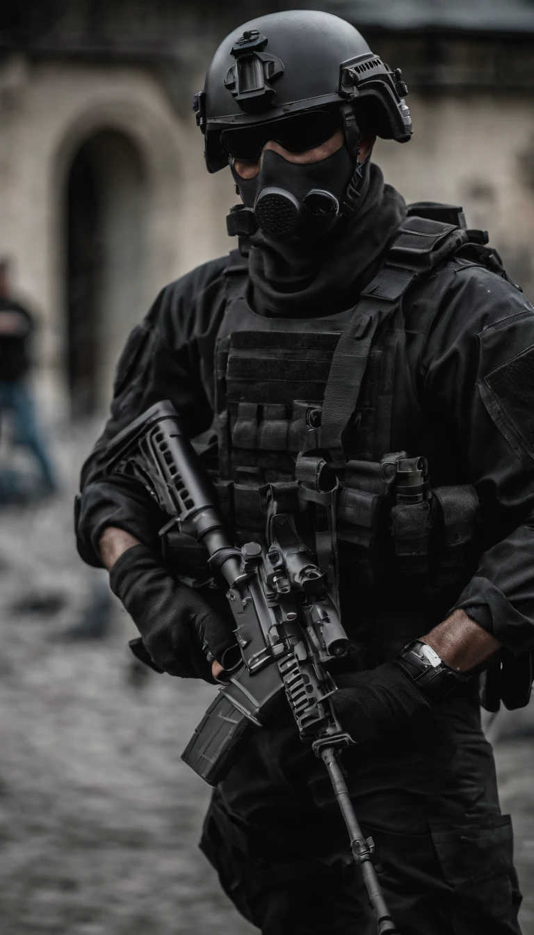 There was a man in a black uniform and a man in a black helmet and a man in a black mask with a gun, airsoft cqb, french special ops, realistic soldiers, Wear tactical gear, tactical gear, cinematic —ar 16:9, realistic military equipment, Tactical armor, Black tactical equipment, combat outfit, future soldier clothing, special forces security