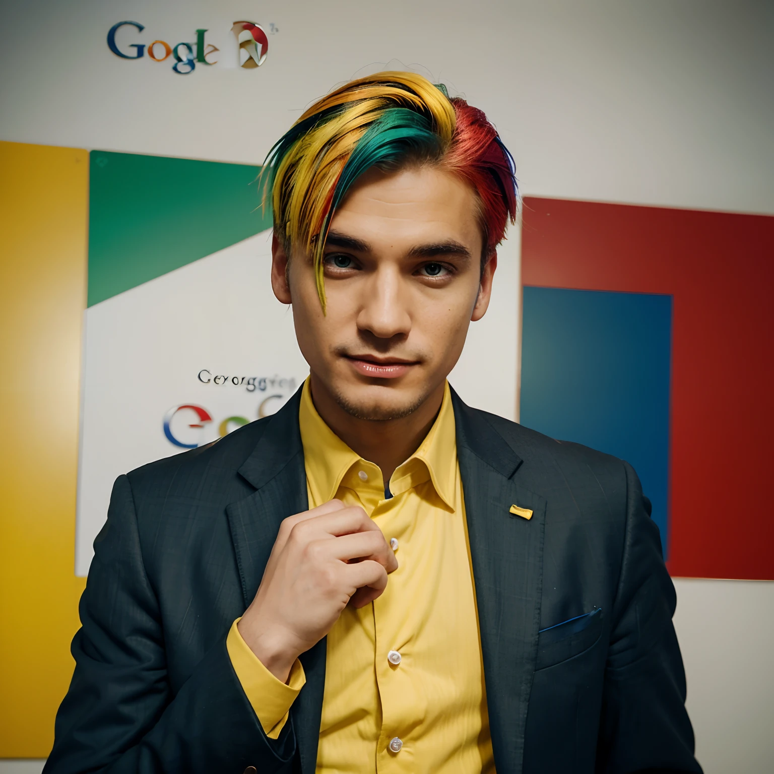 A greedy guy with a suit working for google and has green red blue and yellow hair