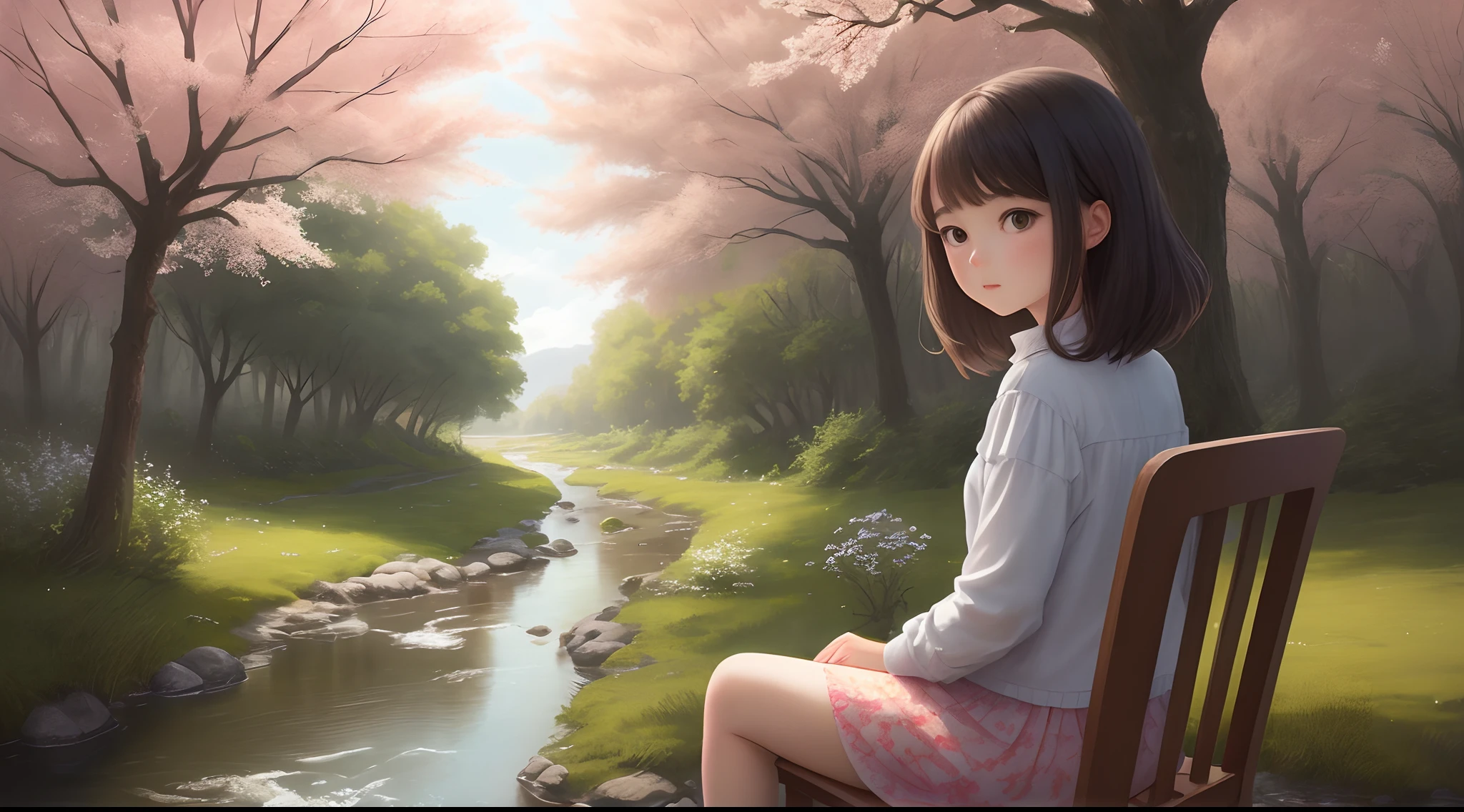 The back of a girl sitting on a chair,Another girl sat behind her and combed her hair,The background is a small river,In the foreground is a flowering tree,quadratic element,Exquisitely