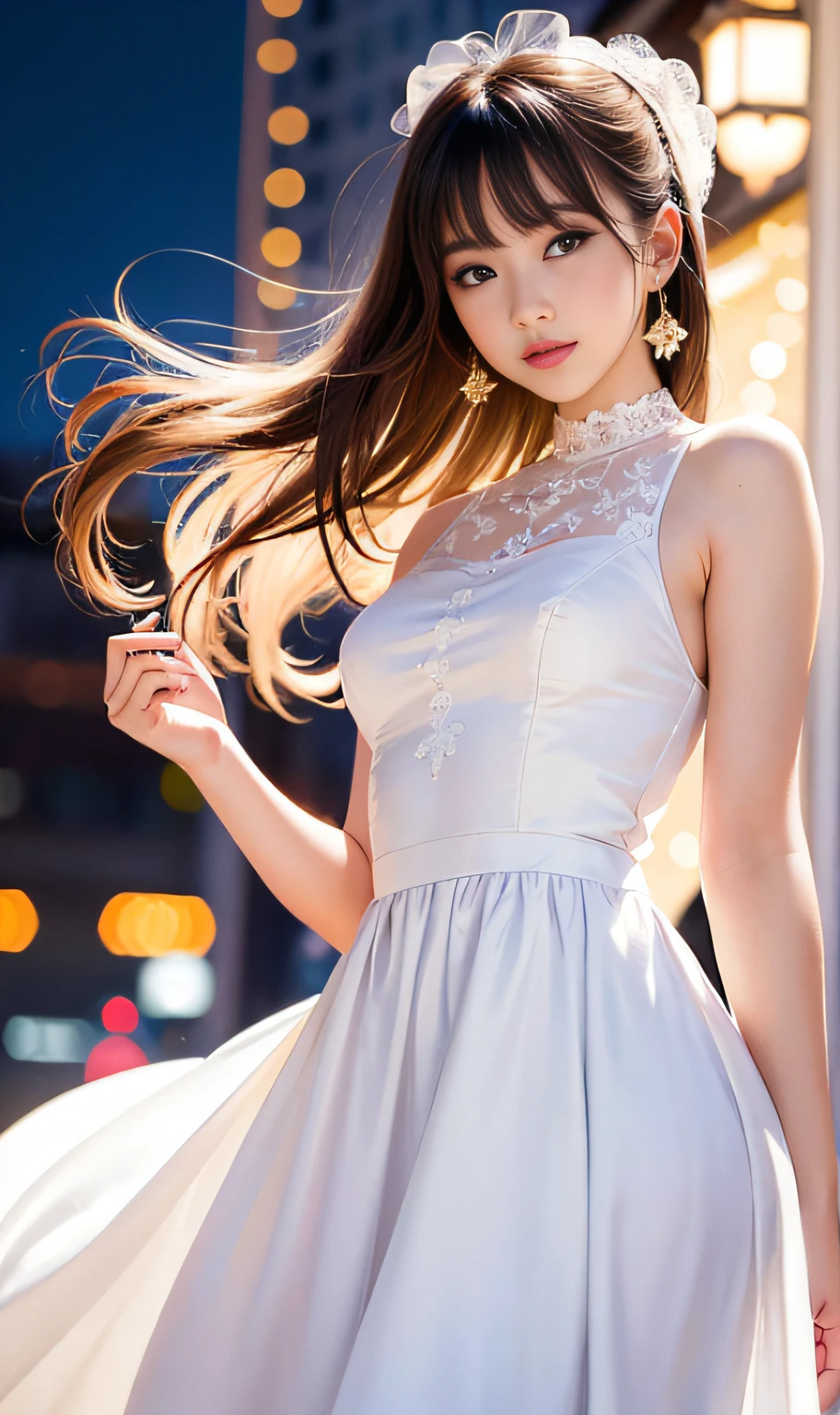 (8K, RAW Photos, Best Quality, High resolution: 1.1), (Surreal: 1.4), (Realistic, Realistic: 1.3), Soft light, girl, Realistic face, Realistic body, Realistic skin, Absurd, masutepiece, (Cute: 1.8), Cute, Solo, (conservative dress: 1.2), Detailed black eyes, Innocent eyes, blush, cello, (White luxury long dress: 1.2), movie lights, film grains, Sparkling Jewelry, Diamonds, earrings, the ring, ((Medium Hair: 1.1)), ((Floating hair Nova frog style)), Cherry lips, head band, Hair Bow, Ponytail, viewer, Long hair, Open lips, Upper teeth, depth of fields, Blurred background, Eye focus, Bokeh, 年轻, 85mm lens, F/1.4, Professional Lighting, 年轻, Photon mapping, Radio City, Physically Based Rendering,