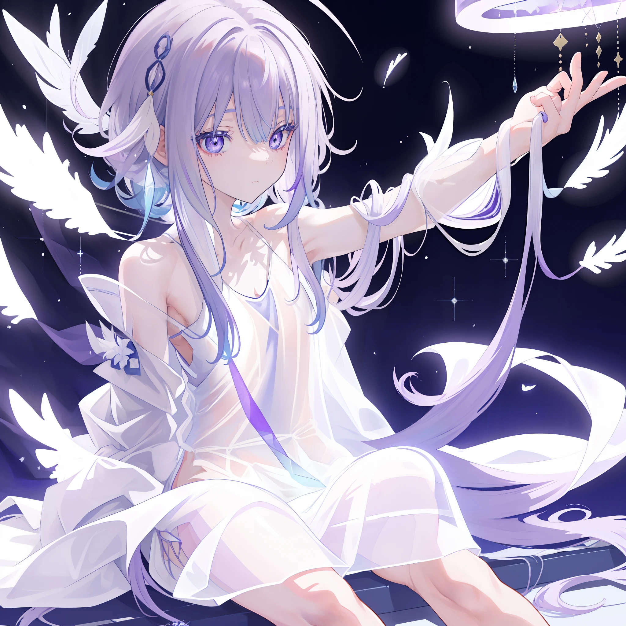 (((A close up view: 1.4))) of an anime girl, (sitting in bed), (((half naked))), cinematic light, slim body with curves, skin is perfectly white, soft, and smooth, ((no nsfw)), Extremely delicate and beautiful CG illustration, best quality, high resolution, dynamic angle, full-length lens, (1 girl), floating, soft light, high-key lighting), glowing light, purple halo, feathers fluttering background, blue crystal, (((wearing nothing but a white (transparent) tank top)))