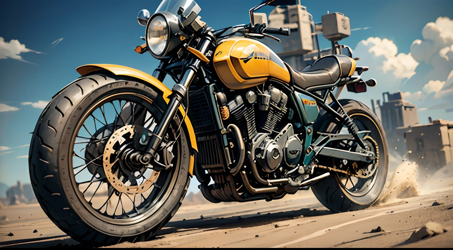 A motorcycle speeding across the desert，The sky of sand flew out from behind the tires，HD，astonishing detail，best qualtiy，8k，hdr，