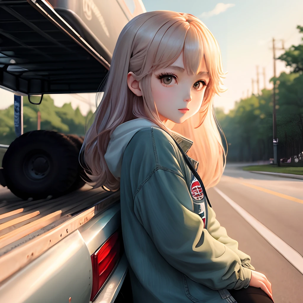 Anime girl leaning on chevy truck