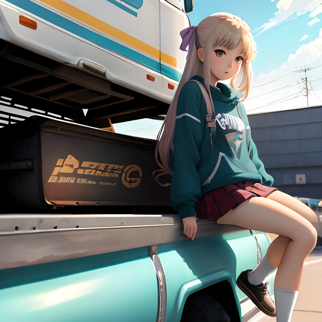 Anime girl leaning on chevy truck
