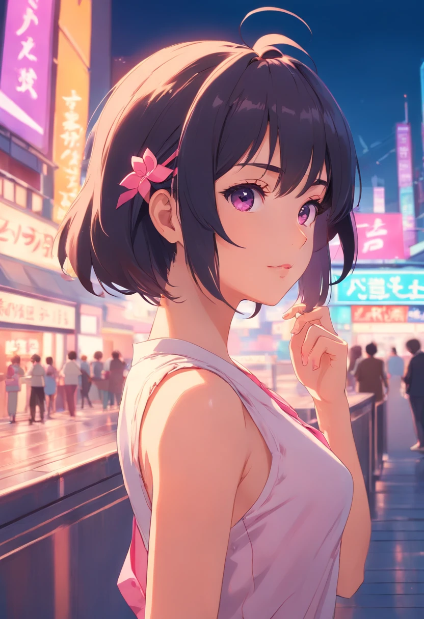 Ashley Graves, A dark-haired, de pele branca, focus at face, Vintage fashion, Eyes with a pink tint, Hair tied in a low ponytail, chest-length hair