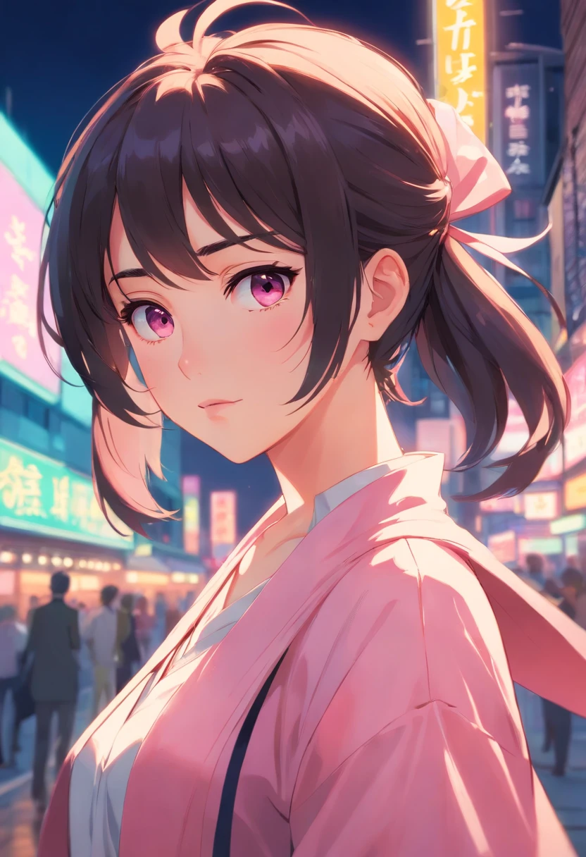 Ashley Graves, A dark-haired, de pele branca, focus at face, Vintage fashion, Eyes with a pink tint, Hair tied in a low ponytail, chest-length hair