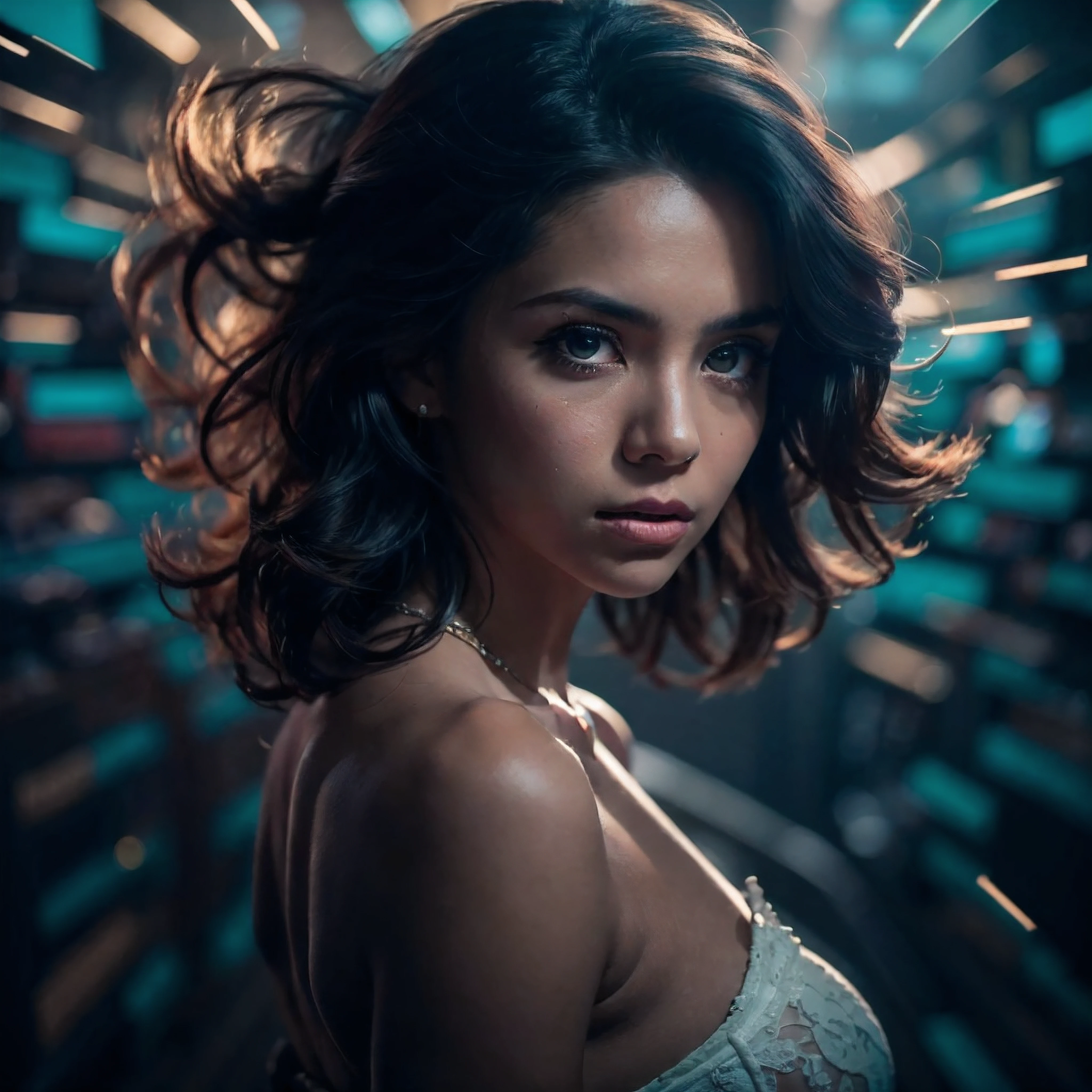 (Cinematic, emotional:1.3), (dynamic pose:1.2), (complex image:1.2), portrait of a woman striking a dynamic pose against a turquoise backdrop, glass shards around her, voluminous black hair highlighted, confident expression profiled, (small breasts, white accents), the photograph captured in stunning 8k resolution and raw format to preserve the highest quality of details, (her eyes are portrayed with meticulous attention to detail: 1.3), The photograph is taken with a lens that emphasizes the depth in her eyes, the backdrop is a dark room setting that enhances the colours of the scene. The lighting and shadows are expertly crafted to bring out the richness of her skin tone and the intense atmosphere. Her hair adds contrast against her skin, the overall composition captures her essence with authenticity and grace, creating a portrait that celebrates her heritage and beauty. Photography utilizing the best techniques for shadow and lighting, to create a mesmerizing portrayal that transcends the visual,