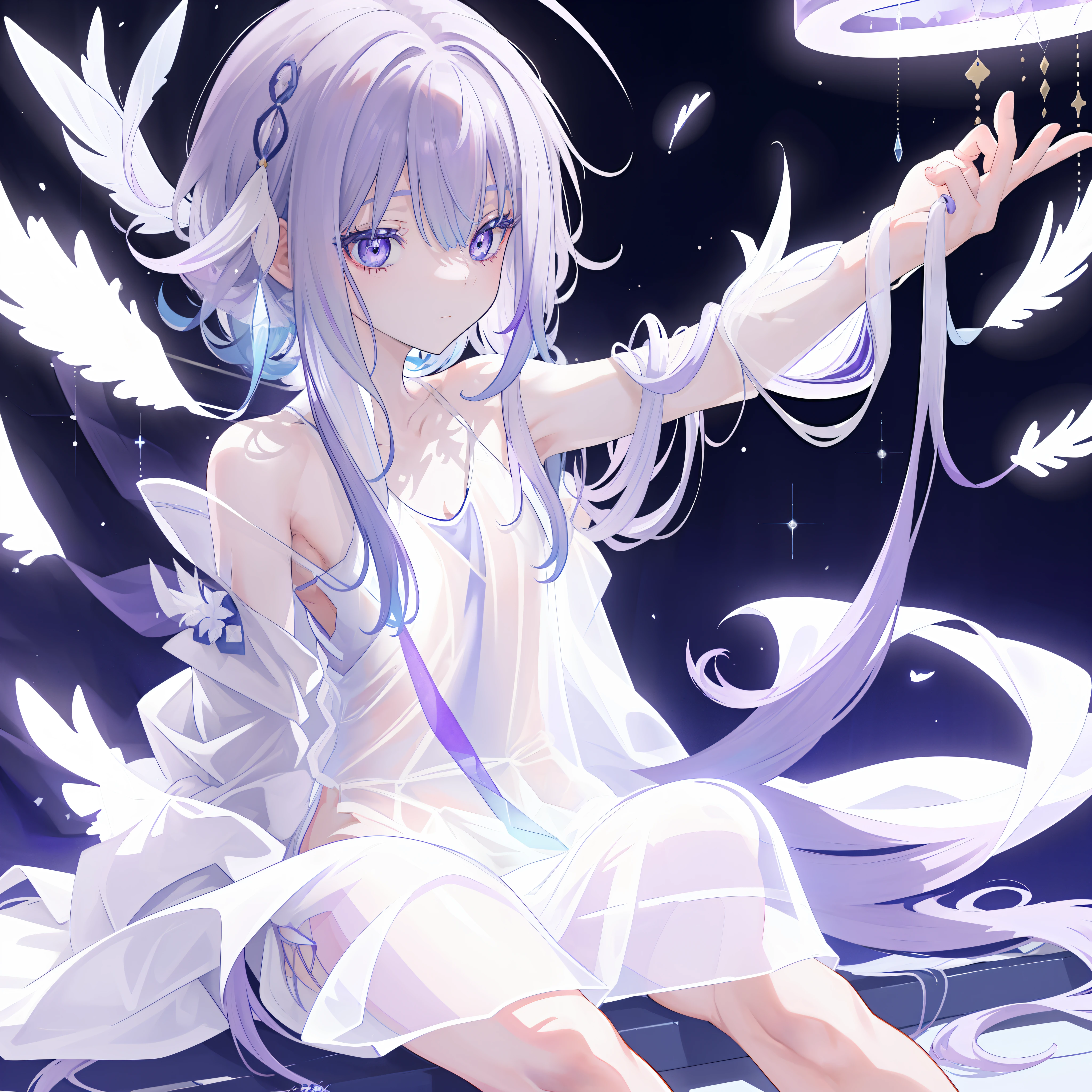 (((A close up view: 1.4))) of an anime  girl, (sitting in bed), (((half naked))), cinematic light, slim body with curves, skin is perfectly white, soft, and smooth, ((no nsfw)), Extremely delicate and beautiful CG illustration, best quality, high resolution, dynamic angle, full-length lens, (1 girl), floating, soft light, high-key lighting), glowing light, purple halo, feathers fluttering background, blue crystal, (((wearing nothing but a white (transparent) tank top)))