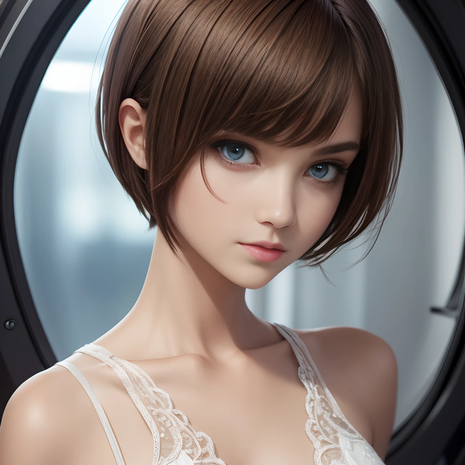 a super beautiful girl, ultra detailed face, ultra detailed bright eyes, short hair, slender figure, dressed