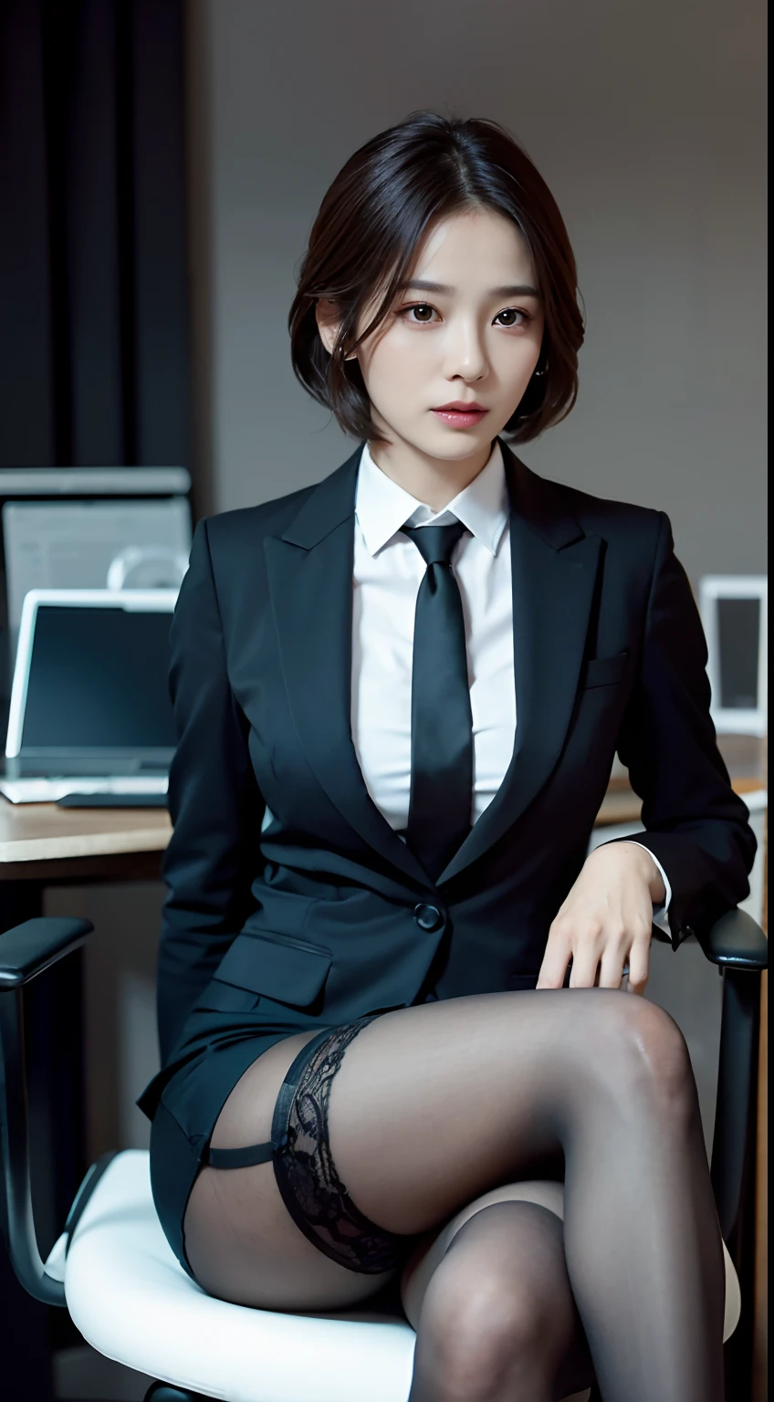 The face is :9,1714884241], Elegant upper-class elite secretary in a business shirt, sit on chair，working in an office、wearing a strict business suit, (Wear pantyhose)、(Short Layer Hair)、Crossed legs, Wear high-end heels、 (thighhighs and skirt), Girl in shirt, dressed in a suit, dressed in a suit, dressed in a suit, Merchant, Business clothes, wearing black suits, Wear a shirt and skirt, Woman in a suit, Business attire, business outfit, RAW photo, (8K、top-quality、tmasterpiece:1.2)、(intricately details:1.4)、(Photorealsitic:1.4)、octane renderings、Complex 3D Rendering Ultra Detail, Studio soft light, rim lights, vibrant detail, super detailing, realistic skin textures, Detal Face, Beautiful detail eyes, Very detailed CG Unity 16k wallpaper, Makeup - makeup, (detailedbackground:1.2), Bare with thighs!!!,