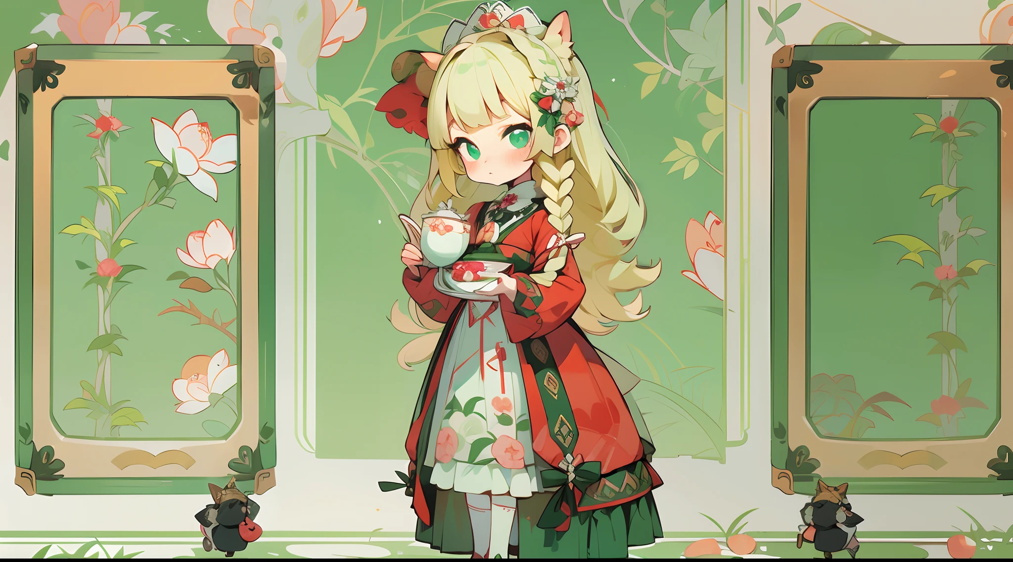 (1 Gothic ****ta), ((独奏)), (Full body standing painting), 1 Princess，(high tea，suitcases)，独奏, BJD dolls, Blush, long  skirt，character  design, fanciful, alice in the wonderland, Gothic ****ta red dress, Green high socks, White flowers, ((red colour)), Blonde hair, Short hair, Double up braid, tmasterpiece, top Quority，best qualtiy，超高分辨率，Exquisite facial features,