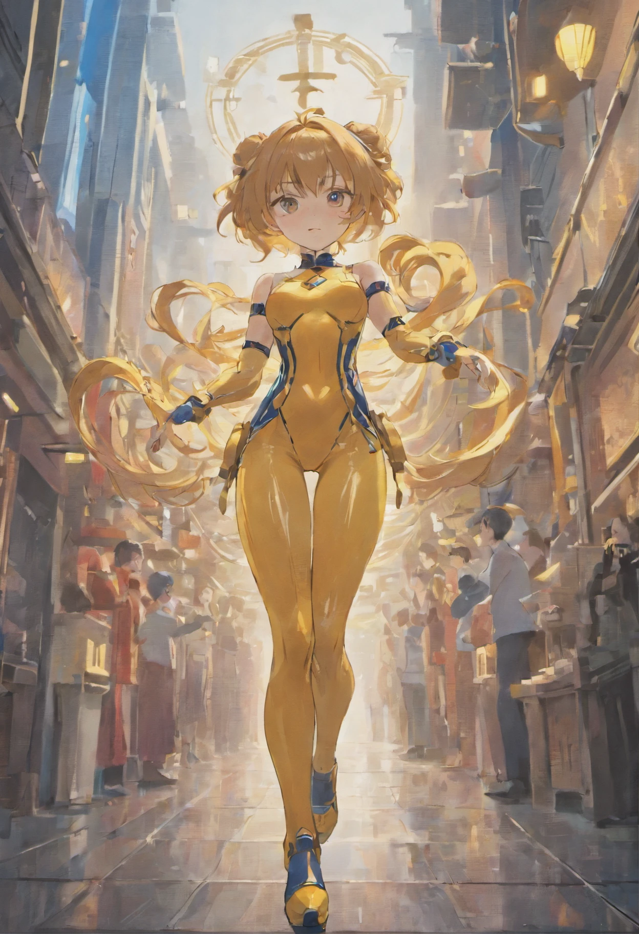 (((Best Quality))), (((Master Parts))), soio, super thin photo, full body picture Unreal Engine 5 8K UHD, Beautiful Girl, 详细的脸, Wearing a tight latex catsuit with golden lace, latex collar, Latex Gloves, Long latex socks with strap, arm and leg cuffs, 统一 8k 壁纸, Hyper-detailing, foco nítido, Walking through the city of the future.