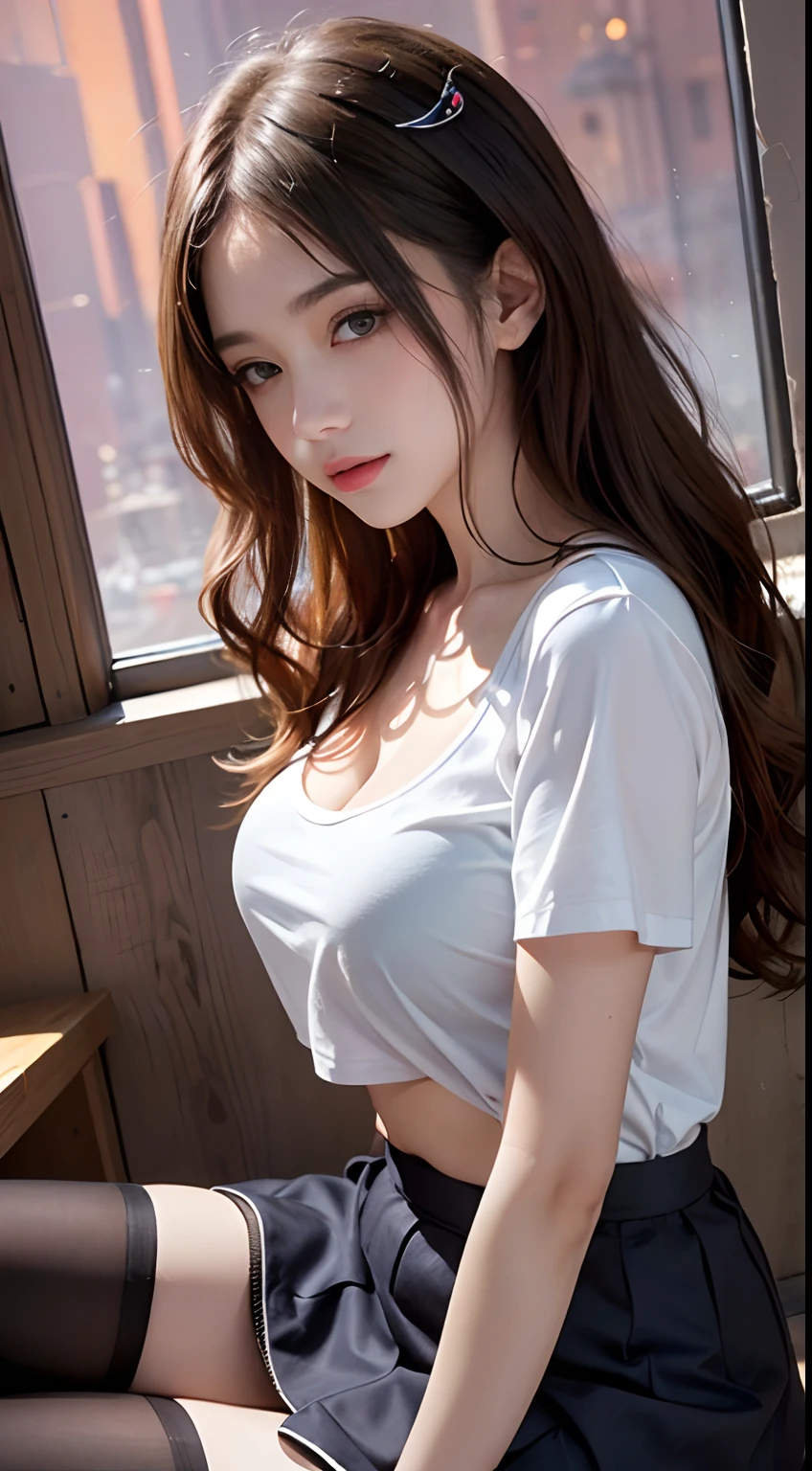 ultra realistic 8k cg(1girll)Bandeau,No cleavage,marron marron,Dewy skin,sweatyskin,Wavy blonde,nylon tshirt,Punk girl,beautidful eyes、((Perfect female body))、brunette color hair,In a compact and aesthetically pleasing bed,Sit on your knees, Seductive look、Very detailed_Eyes、thick thight、Full breasts、 beautifullydetailedbackground、depth of fields、hentail realism:1.3、shot from afar、1girl in、The shirt、pleatedskirt、校服、Sit on the、full bodyesbian、 (ambient lights:1.3)、(cinematic compositions:1.3)、(Neon light:0.1)、(hdr:0.1)、emphasis lighting、Black pantyhose、