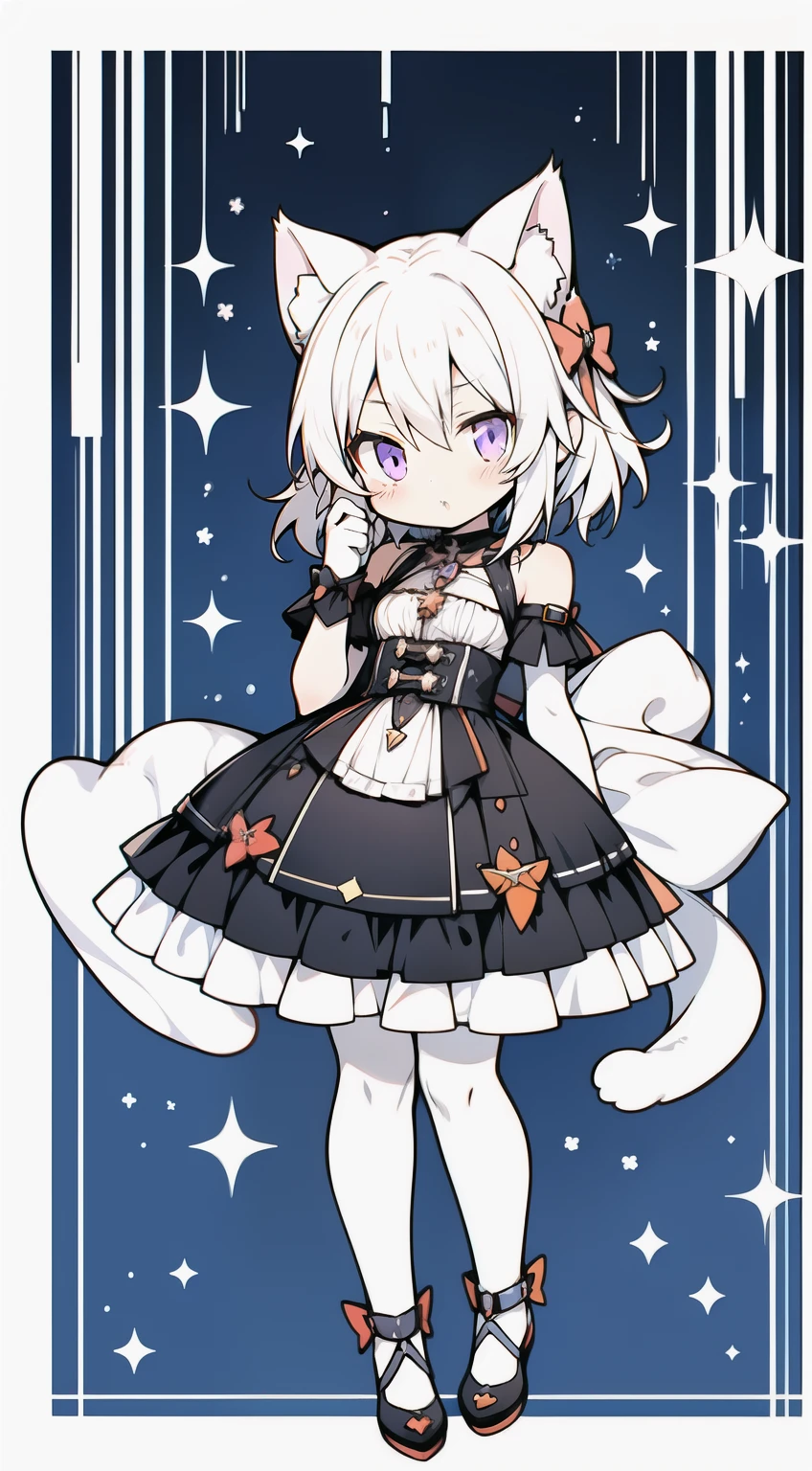 Anime girl with short white hair, карэ,Black dress and black stockings, full body portrait of a short!, Nyaruko-san, cute anime catgirl, anime cat girl, female furry mini cute style, anime style character, flat anime style, Whole body to receive, single character full body, anime vtuber full body model, anime moe artstyle, white cat girl,violet eyes,purple eyes!!!!