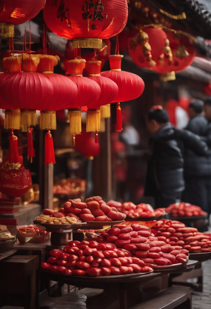 During the Chinese New Year in China，Red firecrackers were hung outside，There was a group of small children eating snacks，At the table，On a stool，Snacks on the table had wick cakes，teas，latte。There were also old men in their fifties and sixties around，Old woman，Eat happily together。