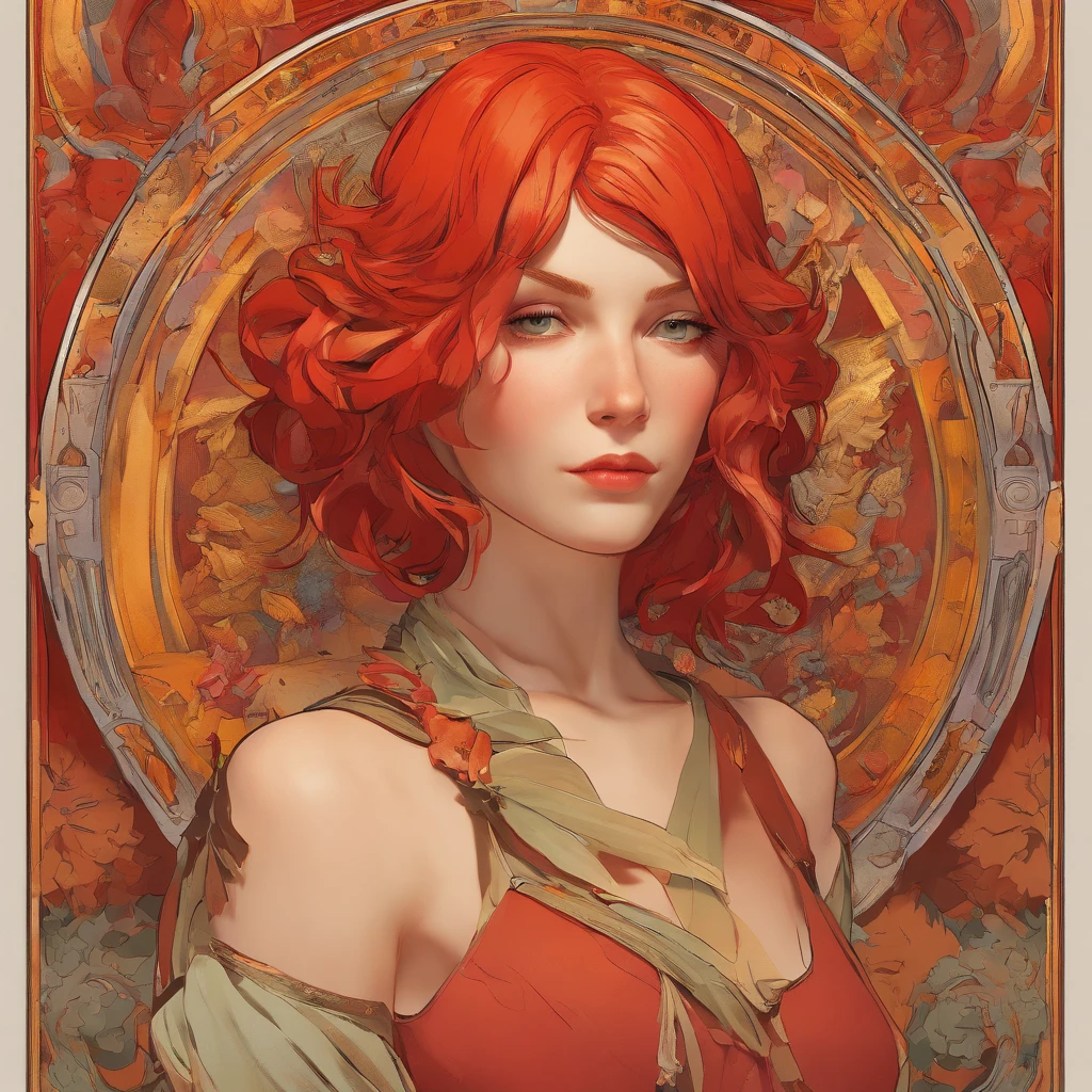 Alphonse Mucha style poster、Pretty girl with red hair short bob、Pretty Dress、Machete in hand and dog's neck、bloody、Child of Hell、Altar of Darkness、hiquality、high sense、The Chosen Son of the God of Darkness、Fall to Hell！