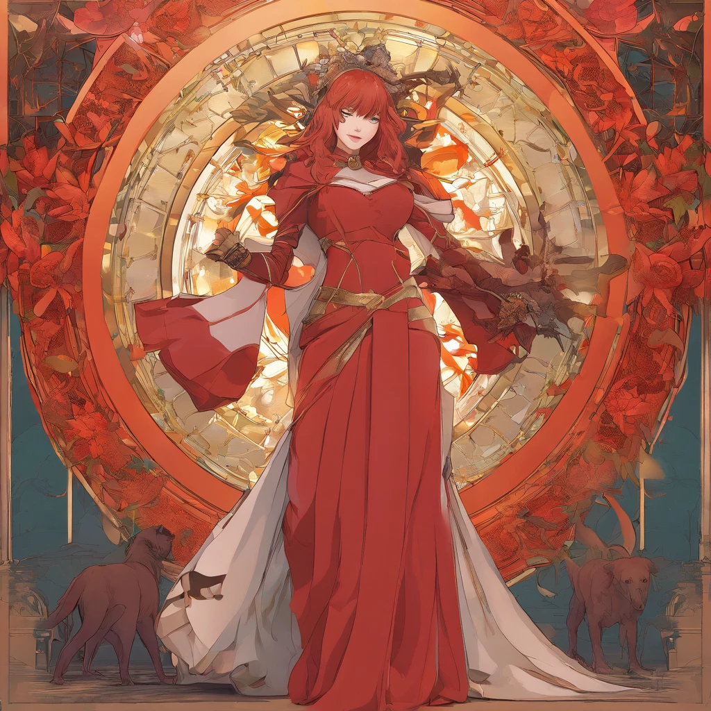 Alphonse Mucha style poster、Pretty girl with red hair short bob、Pretty Dress、Machete in hand and dog's neck、bloody、Child of Hell、Altar of Darkness、hiquality、high sense、The Chosen Son of the God of Darkness、Fall to Hell！