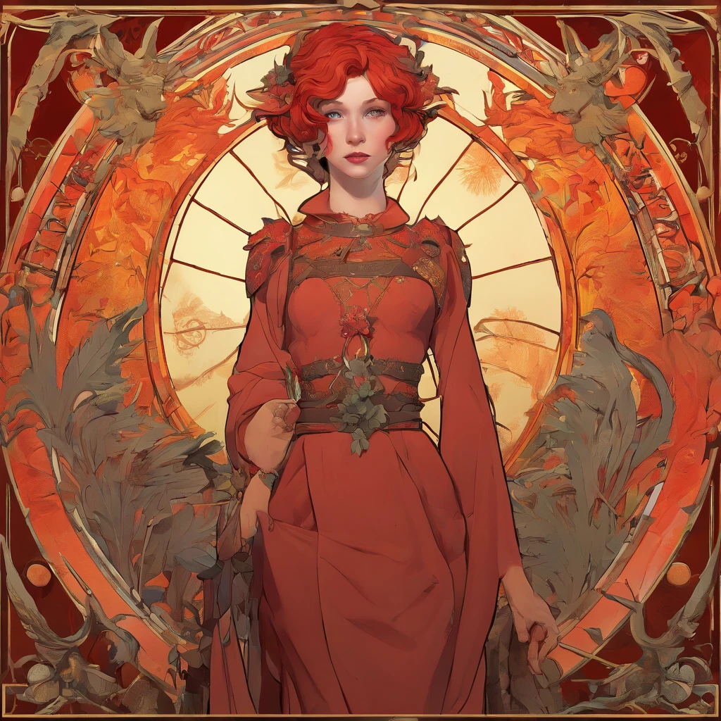 Alphonse Mucha style poster、Pretty girl with red hair short bob、Pretty Dress、Machete in hand and dog's neck、bloody、Child of Hell、Altar of Darkness、hiquality、high sense、The Chosen Son of the God of Darkness、Fall to Hell!