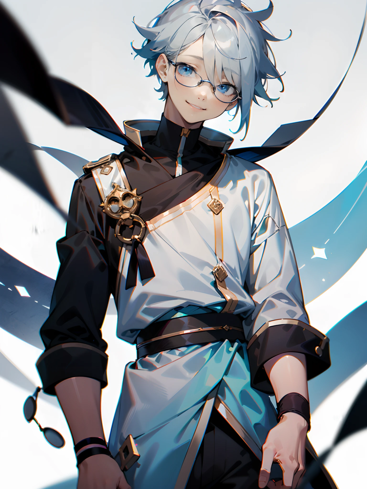 (Male child, eye glasses,blue eyess,A smile, silber hair)、The upper part of the body