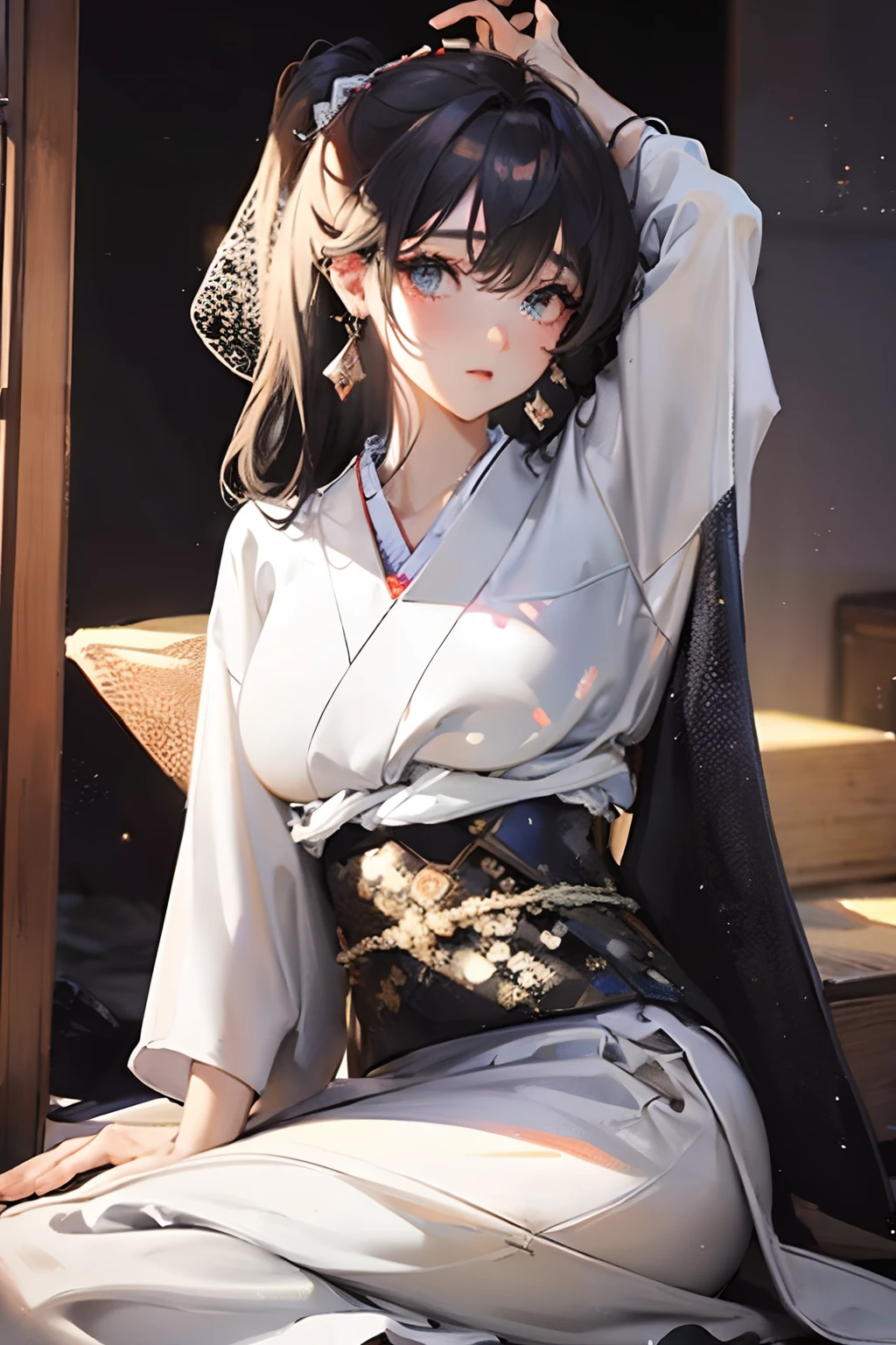 Masterpiece, Best quality, Dusk, against backlight at dusk, Realistic, Real, Huge_filesize, the wallpaper, Japanese, Girl, Medium hair, Black hair, Disheveled hair, view the viewer, Beautiful detailed eyes, Frilled thighs, Earrings, jewelry, pendant, bras_arms  cuffs, arms behind  head, Crossed_Legs, Spread legs, side-tie_Panties, Sexy lingerie, Japanese_clothes, Obi,