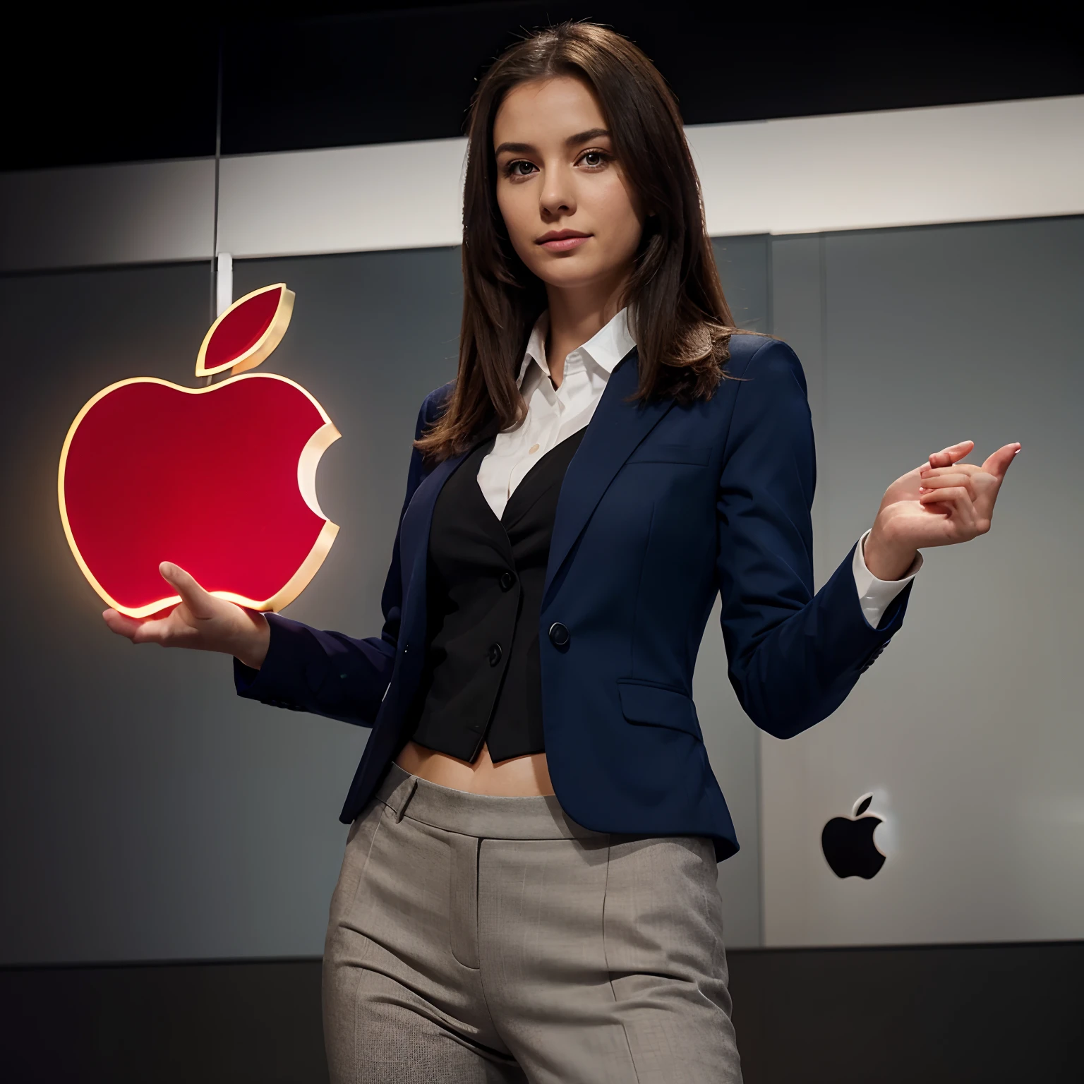 Women wearing a smart suit with the Apple logo on her suit. She is throwing money in the air and the background is Apple company themed