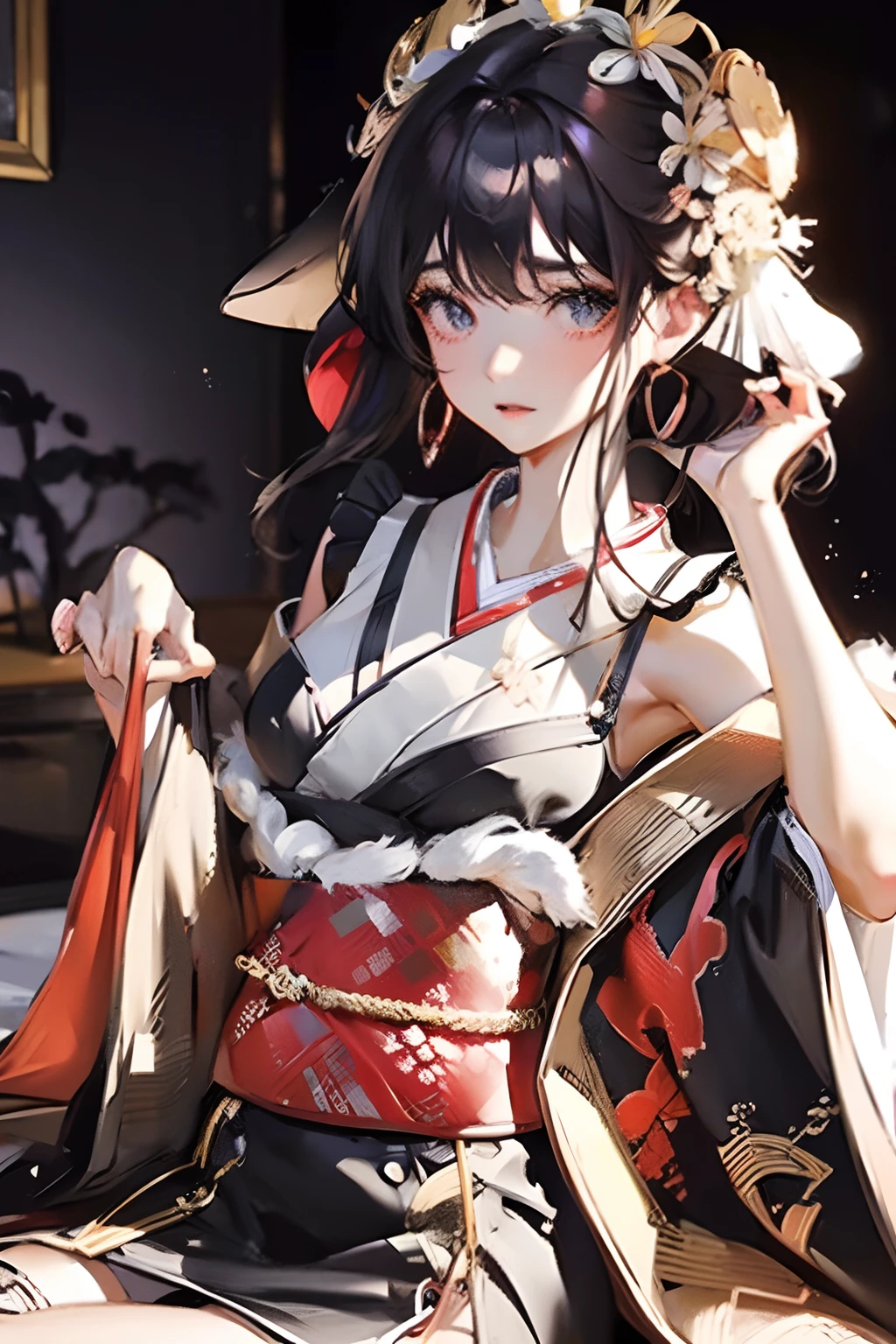 Masterpiece, Best quality, Dusk, against backlight at dusk, Realistic, Real, Huge_filesize, the wallpaper, Japanese, Girl, Medium hair, Black hair, Disheveled hair, view the viewer, Beautiful detailed eyes, Frilled thighs, Earrings, jewelry, pendant, The Arm_arms cuffs, arms behind head, Crossed_Legs, Spread legs, side-tie_Panties, Sexy lingerie, Japanese_clothes, Obi,