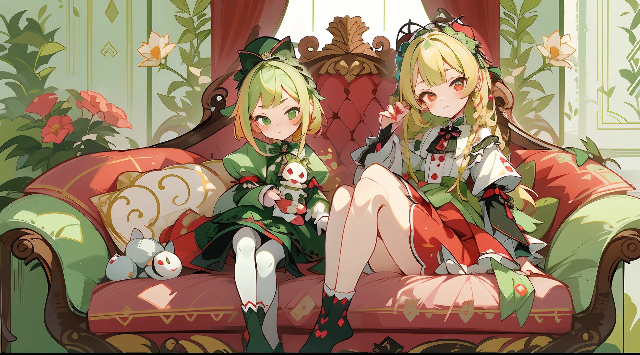 (1 Gothic Lolita), ((独奏)), (Full body standing painting), 1 Princess，(lying on sofa)，独奏, BJD dolls, Blush, long  skirt，character  design, fanciful, alice in the wonderland, Gothic Lolita red dress, Green high socks, White flowers, ((red colour)), Blonde hair, Short hair, Double up braid, tmasterpiece, top Quority，best qualtiy，超高分辨率，Exquisite facial features,