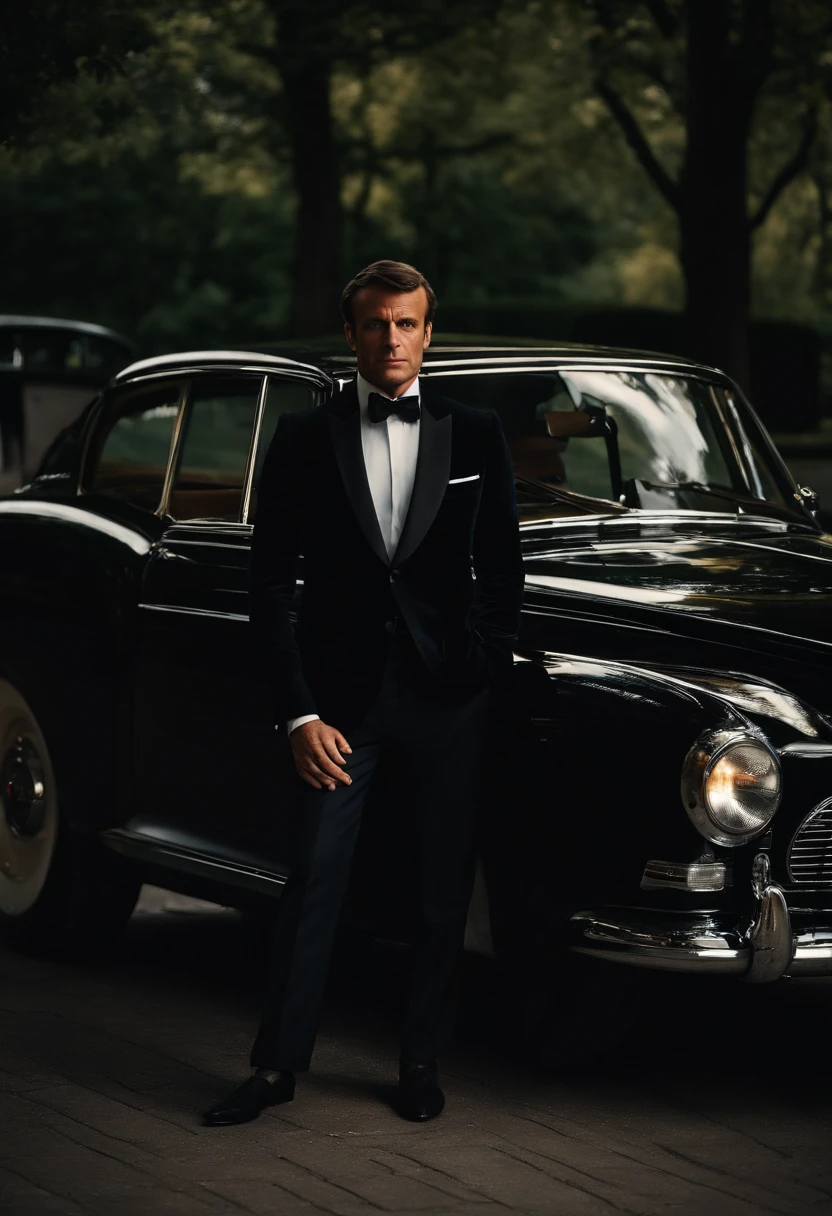 corps entier, Wide-angle close-up portrait of President Macron's body , Grand et en forme, (40 ans:1.1), (shaven:1.2) , (cheveux bruns courts:1.2),(Cheveux courts:1.3). Dark brown tight velvet suit, (La veste a des motifs de fleurs noires:1.2). (posing outside the mansion with a luxury car:1.1), crowded street with cafes in the distance, Cold and dark sunset at dusk, (Edge Light:1.1),(Concentrez-vous sur les yeux), (angry look), (hard light on the skin:1.2), (ombres dures, dark themed, Contraste profond:1.1), (photographie de portrait par Annie Liebovitz), Dark mint theme and choral aesthetics, (skin imperfections)