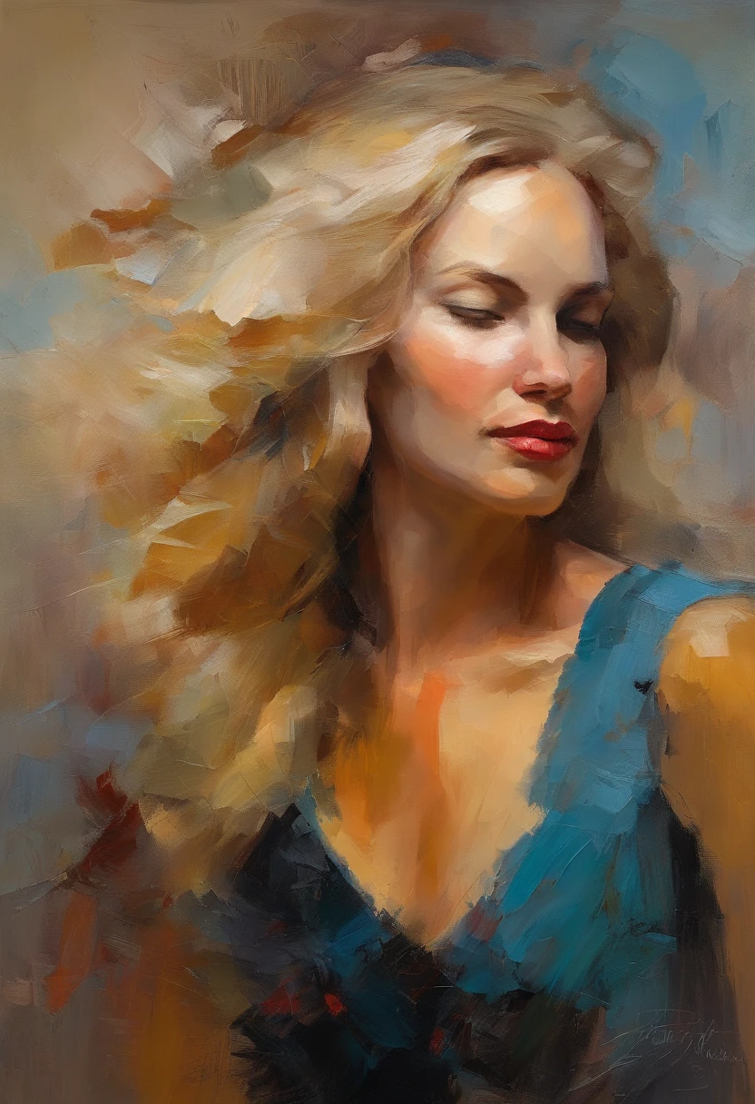 portraite of a woman, a very beautiful woman, longue blonde hair, smiling eyes, Looking at the camera, smiling mouth, revealing red dress, Acrylic painting, Bold and expressive brush strokes, Impressionistic style, Epic Surreal Background, Very heavy brushstrokes with thick textured paint, Professional Lighting & Shadows, High contrast, Fine arts of painting, Wadim Kashin.